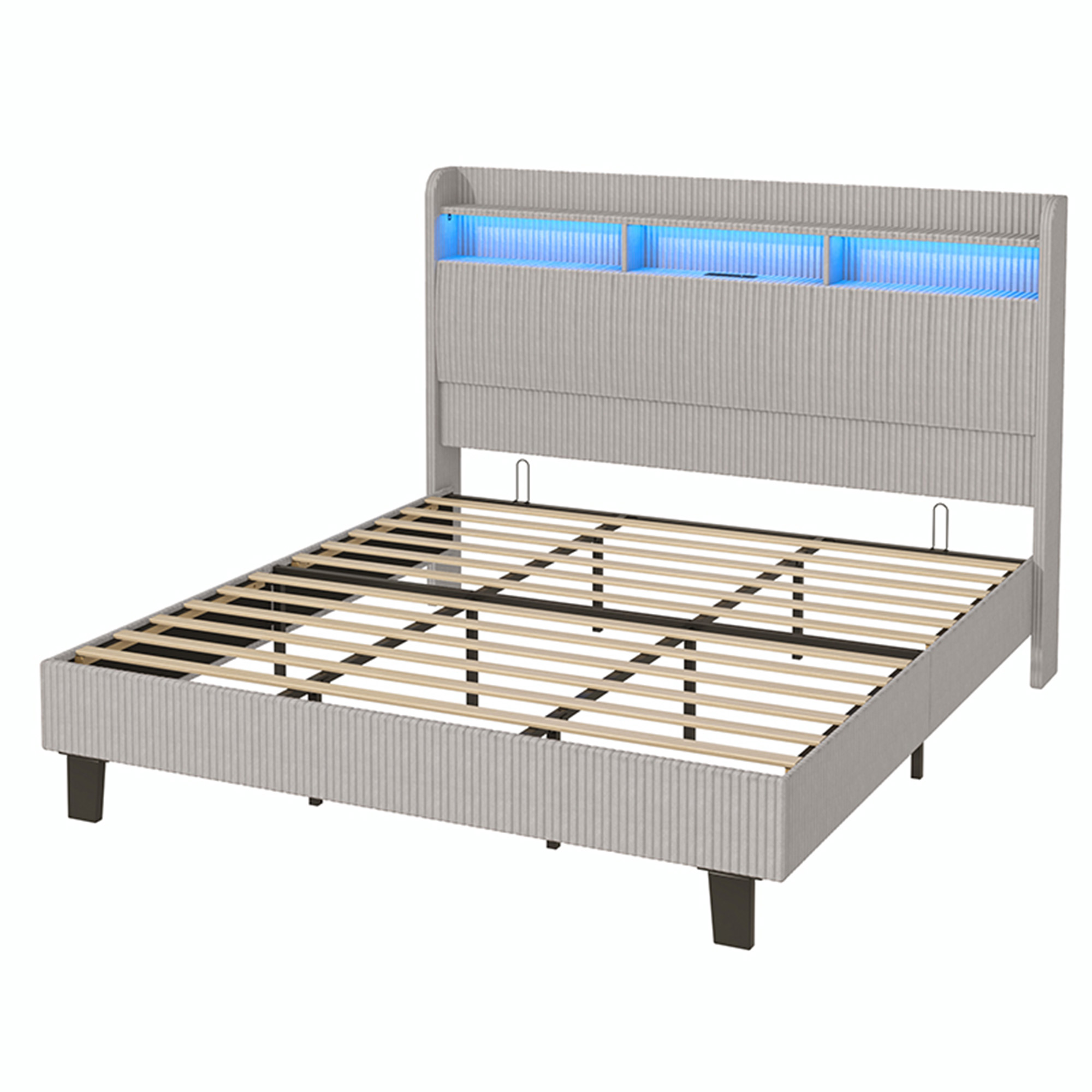 ANPOO Queen Bed Frame with LED Lights, Charging Station & Storage Headboard, 55in Tall Corduroy Upholstered Platform Bed, No Box Spring Needed