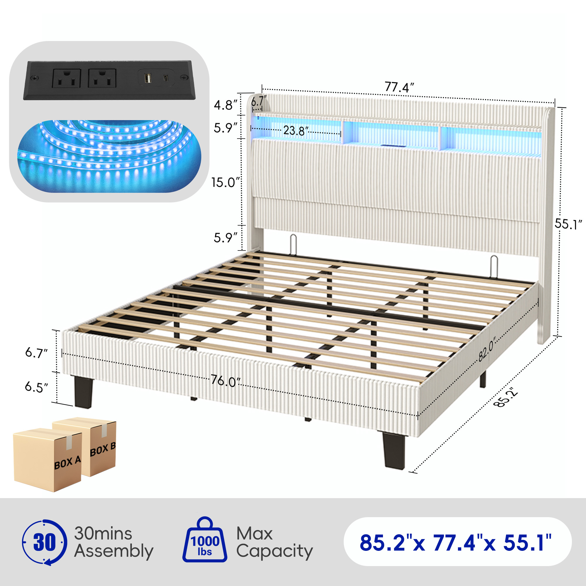 ANPOO Queen Bed Frame with LED Lights, Charging Station & Storage Headboard, 55in Tall Corduroy Upholstered Platform Bed, No Box Spring Needed