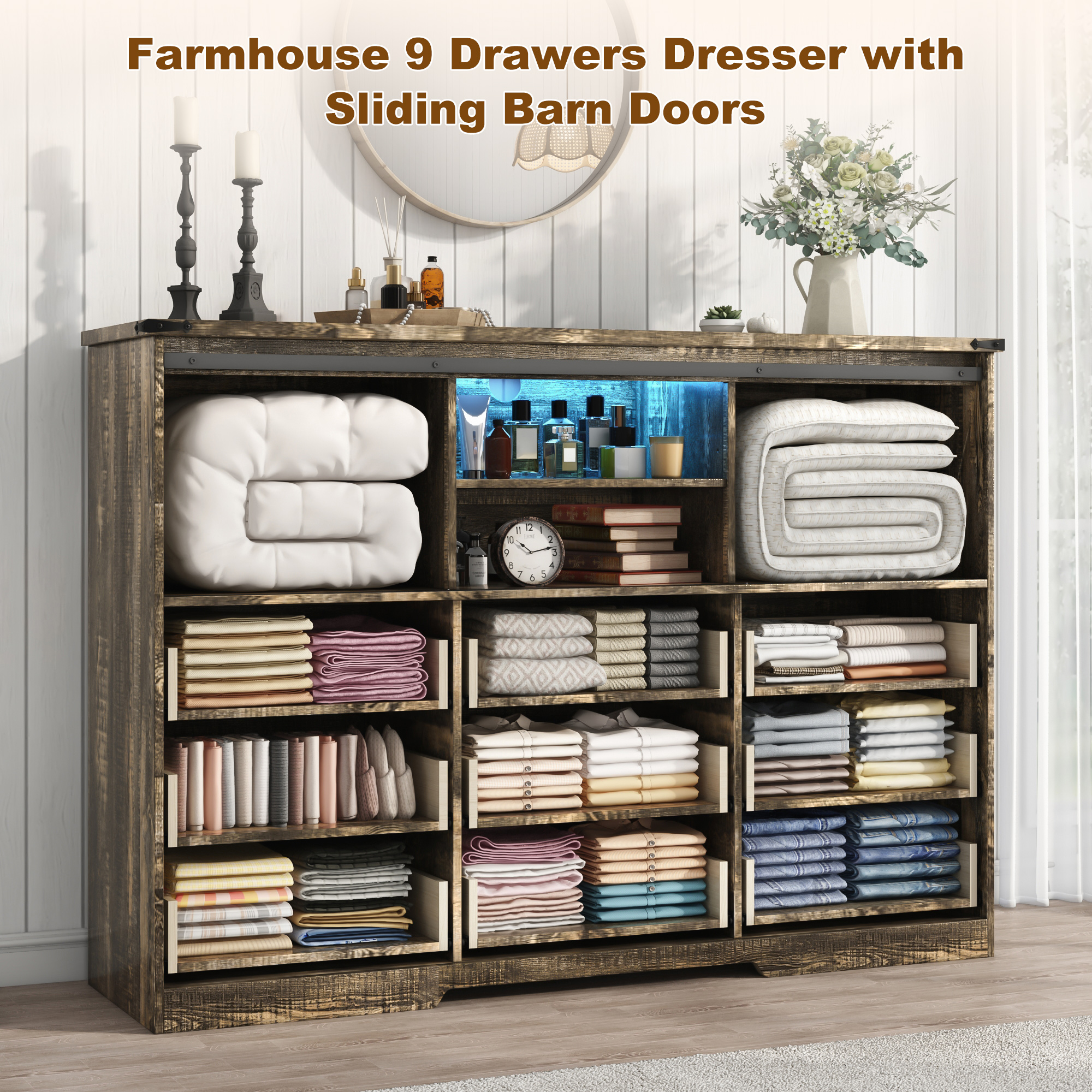 ANPOO Farmhouse 9 Drawers Dresser with LED Light&Power Outlet, Sliding Barn Door Storage Cabinet, Large Chest of Drawers for Bedroom Living Room Entryway, Wood Dresser Organizer with Spacious Storage