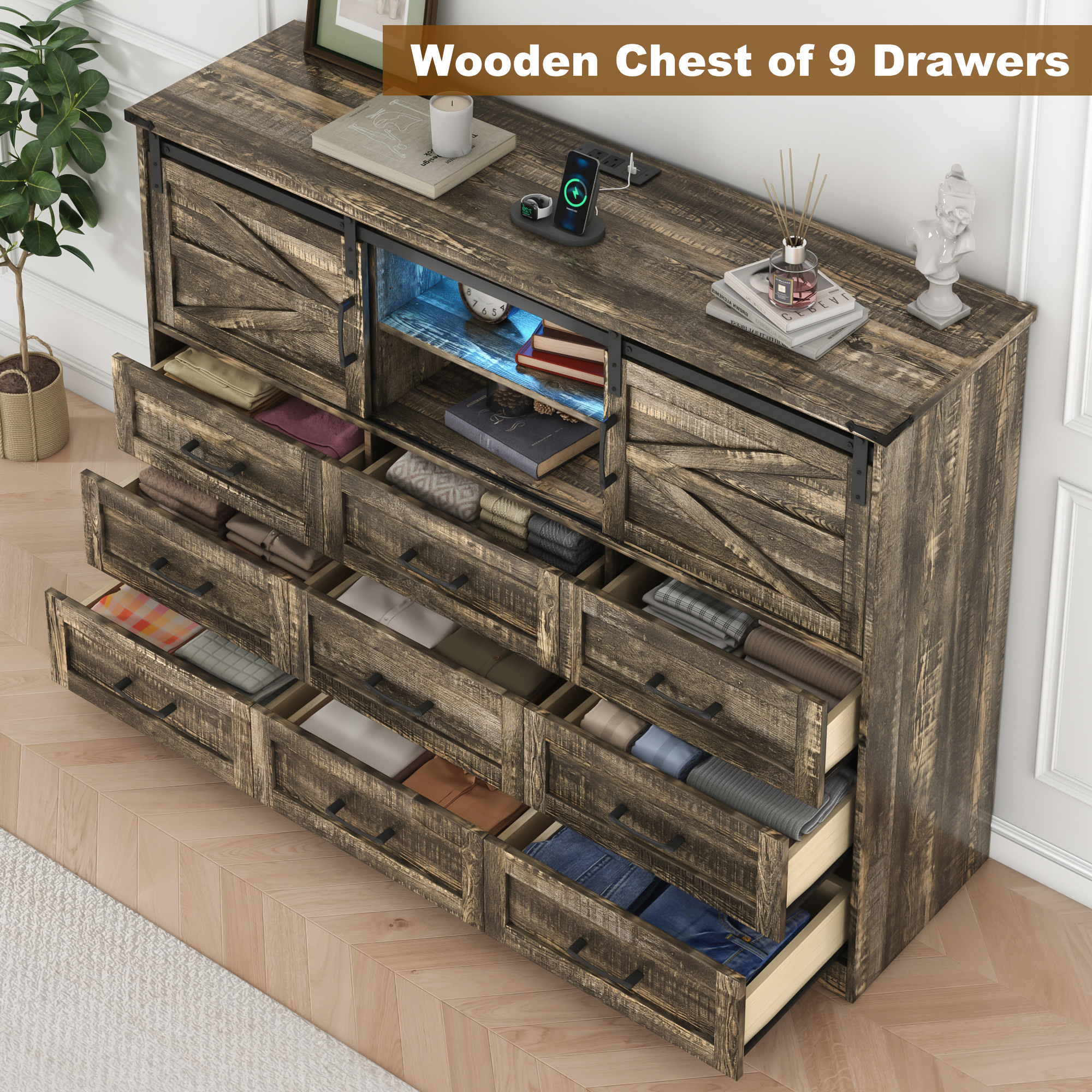 ANPOO Farmhouse 9 Drawers Dresser with LED Light&Power Outlet, Sliding Barn Door Storage Cabinet, Large Chest of Drawers for Bedroom Living Room Entryway, Wood Dresser Organizer with Spacious Storage