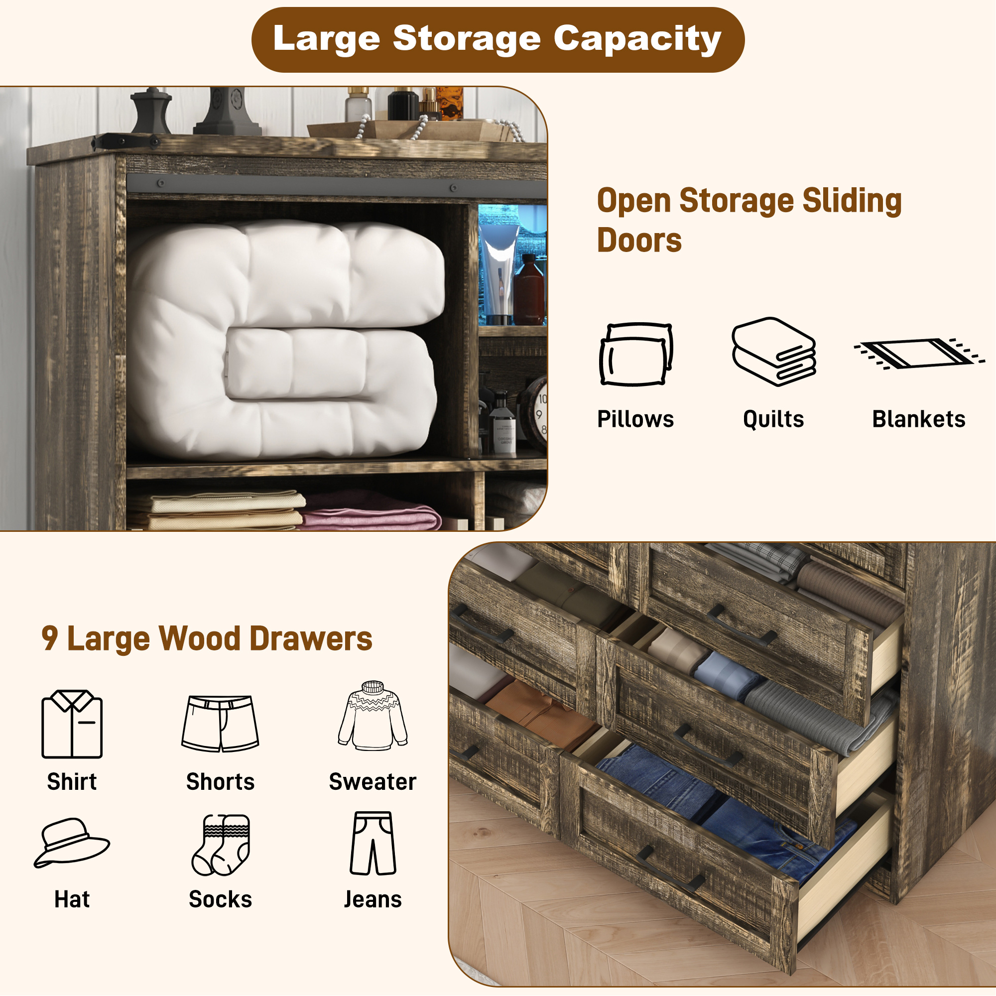 ANPOO Farmhouse 9 Drawers Dresser with LED Light&Power Outlet, Sliding Barn Door Storage Cabinet, Large Chest of Drawers for Bedroom Living Room Entryway, Wood Dresser Organizer with Spacious Storage