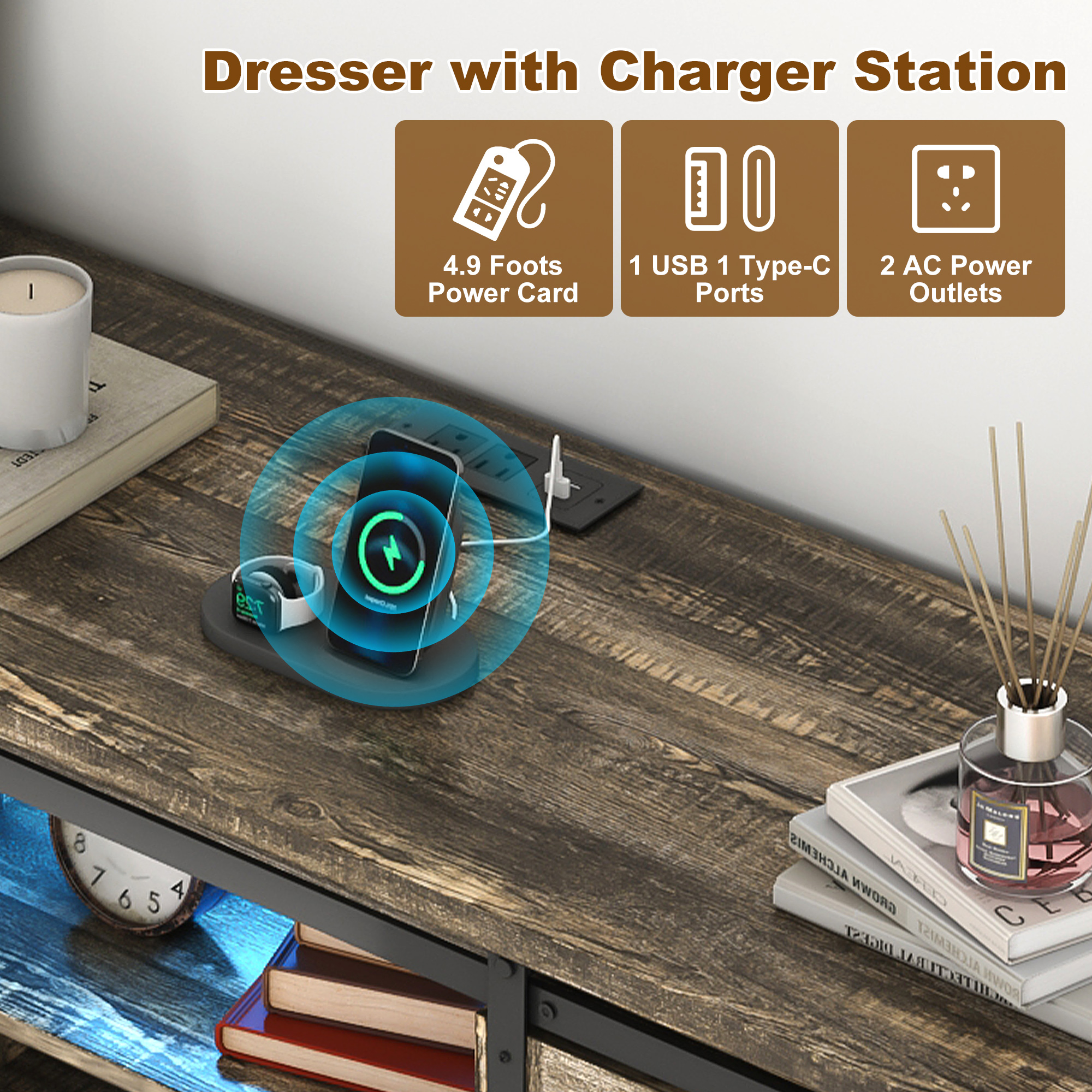 ANPOO Farmhouse 9 Drawers Dresser with LED Light&Power Outlet, Sliding Barn Door Storage Cabinet, Large Chest of Drawers for Bedroom Living Room Entryway, Wood Dresser Organizer with Spacious Storage