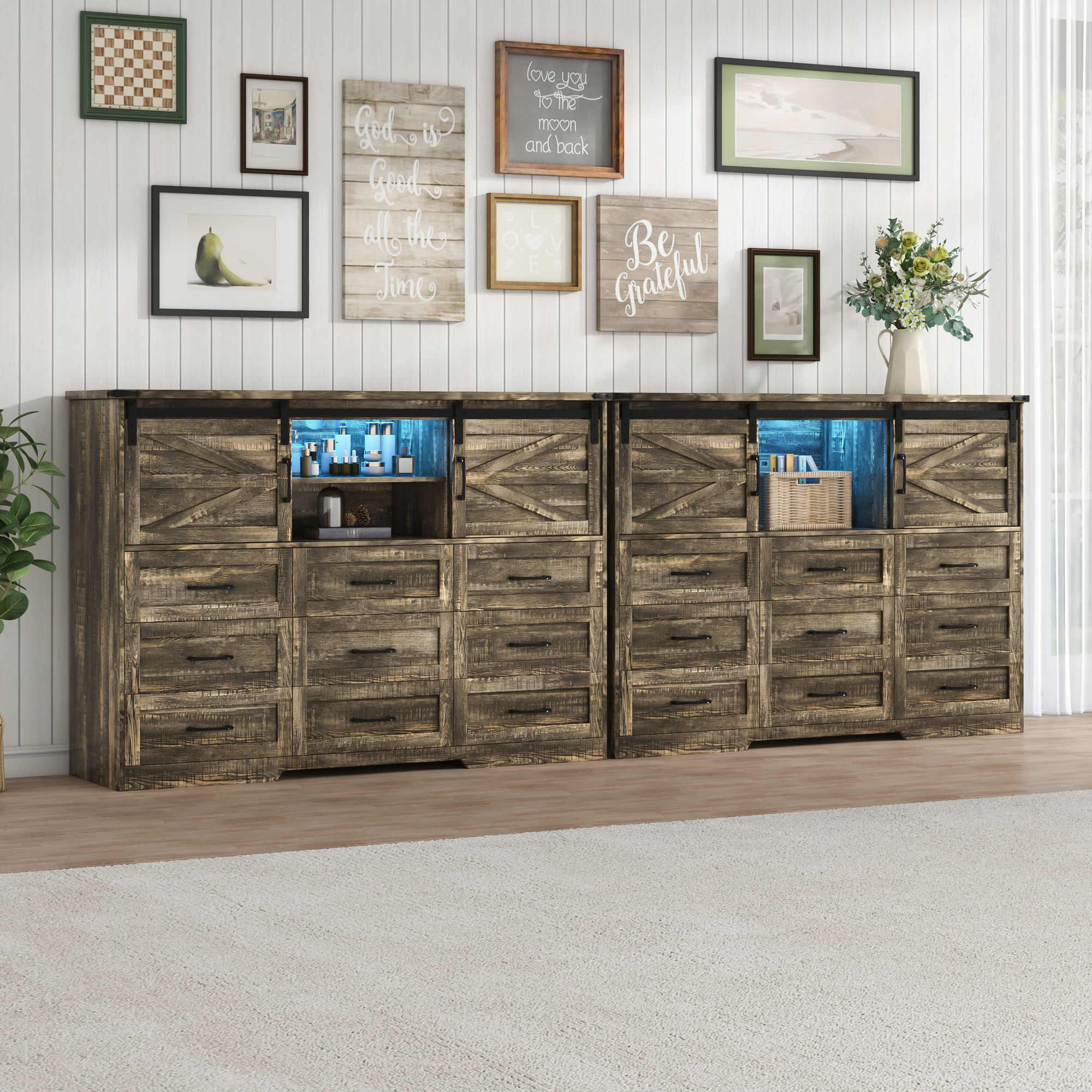 ChVans 63'' Farmhouse Dresser with LED Light & Power Outlet, 9 Drawers, 2 Sliding Doors, 2 Storage layers, Rustic Dresser TV Stand for 70in TV, Wood Storage Cabinet for Bedroom, Living Room, Hallway