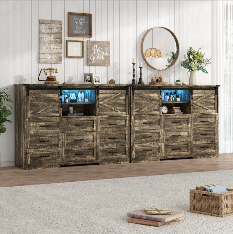 ANPOO Farmhouse 9 Drawers Dresser with LED Light&Power Outlet, Sliding Barn Door Storage Cabinet, Large Chest of Drawers for Bedroom Living Room Entryway, Wood Dresser Organizer with Spacious Storage