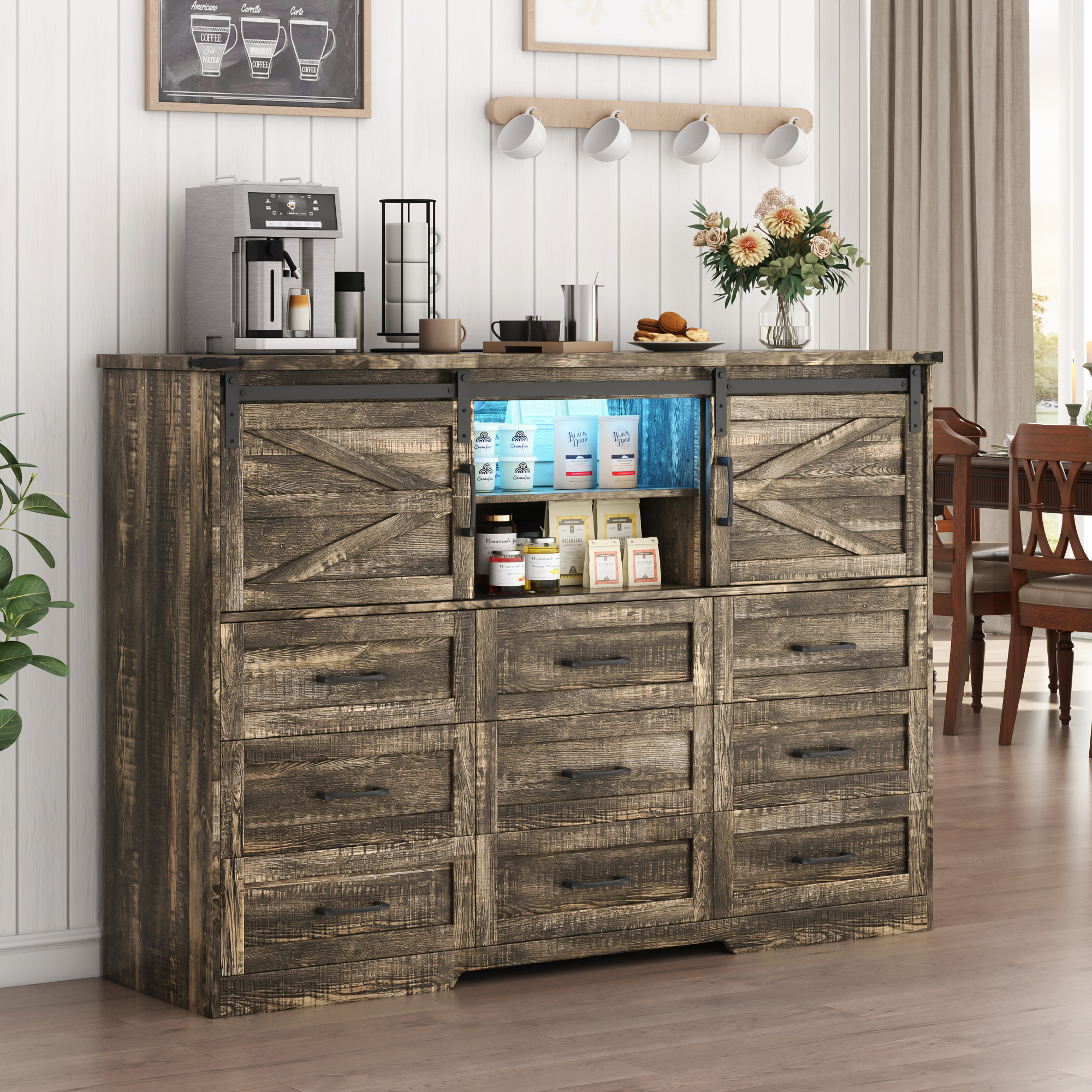 ANPOO Farmhouse 9 Drawers Dresser with LED Light&Power Outlet, Sliding Barn Door Storage Cabinet, Large Chest of Drawers for Bedroom Living Room Entryway, Wood Dresser Organizer with Spacious Storage
