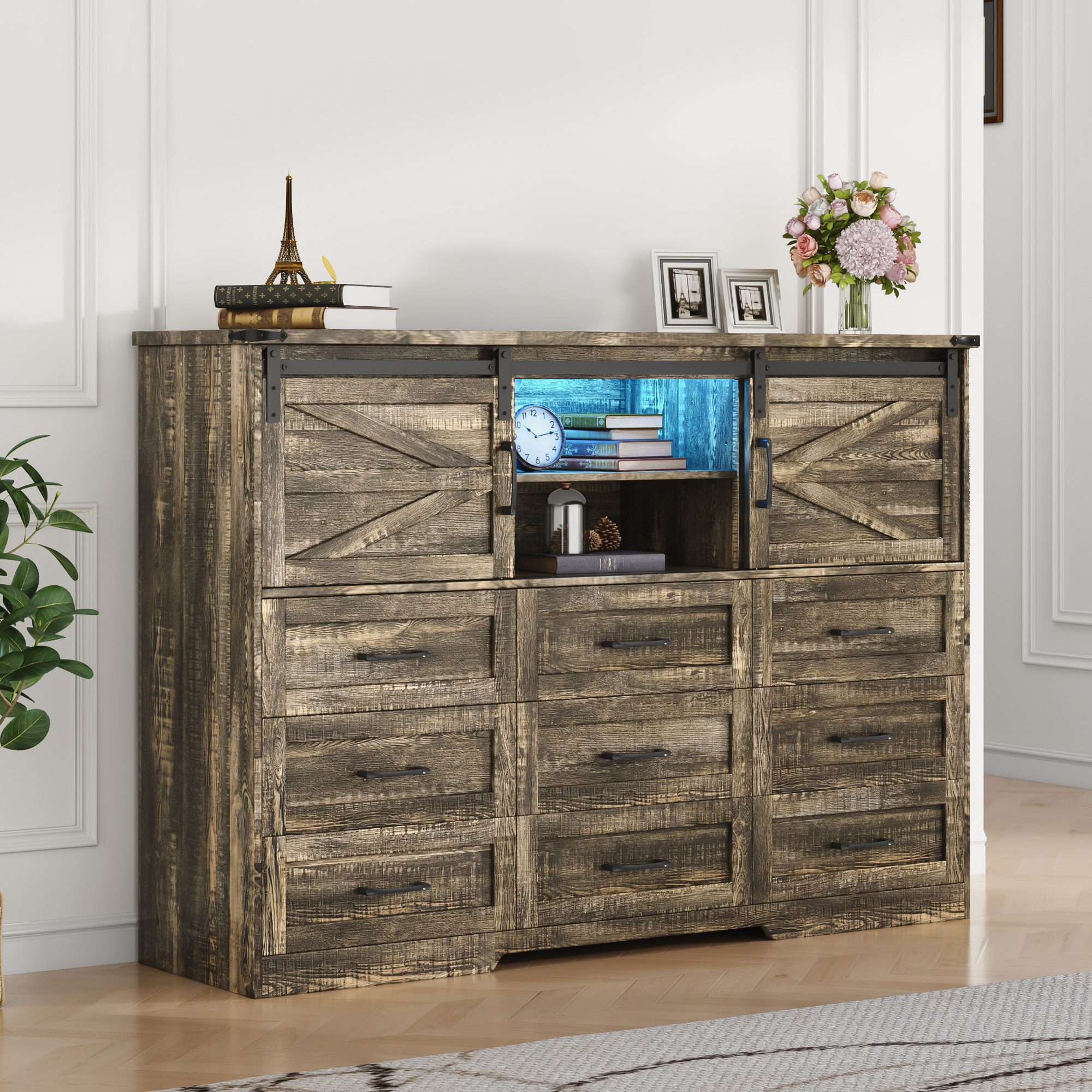 ChVans 63'' Farmhouse Dresser with LED Light & Power Outlet, 9 Drawers, 2 Sliding Doors, 2 Storage layers, Rustic Dresser TV Stand for 70in TV, Wood Storage Cabinet for Bedroom, Living Room, Hallway