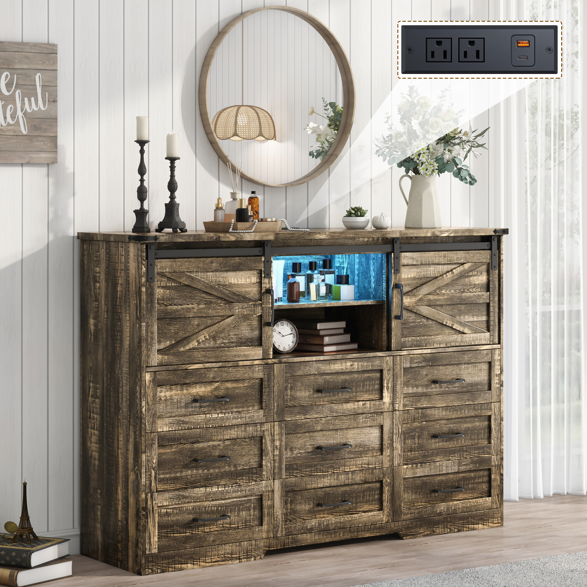 ChVans 63'' Farmhouse Dresser with LED Light & Power Outlet, 9 Drawers, 2 Sliding Doors, 2 Storage layers, Rustic Dresser TV Stand for 70in TV, Wood Storage Cabinet for Bedroom, Living Room, Hallway