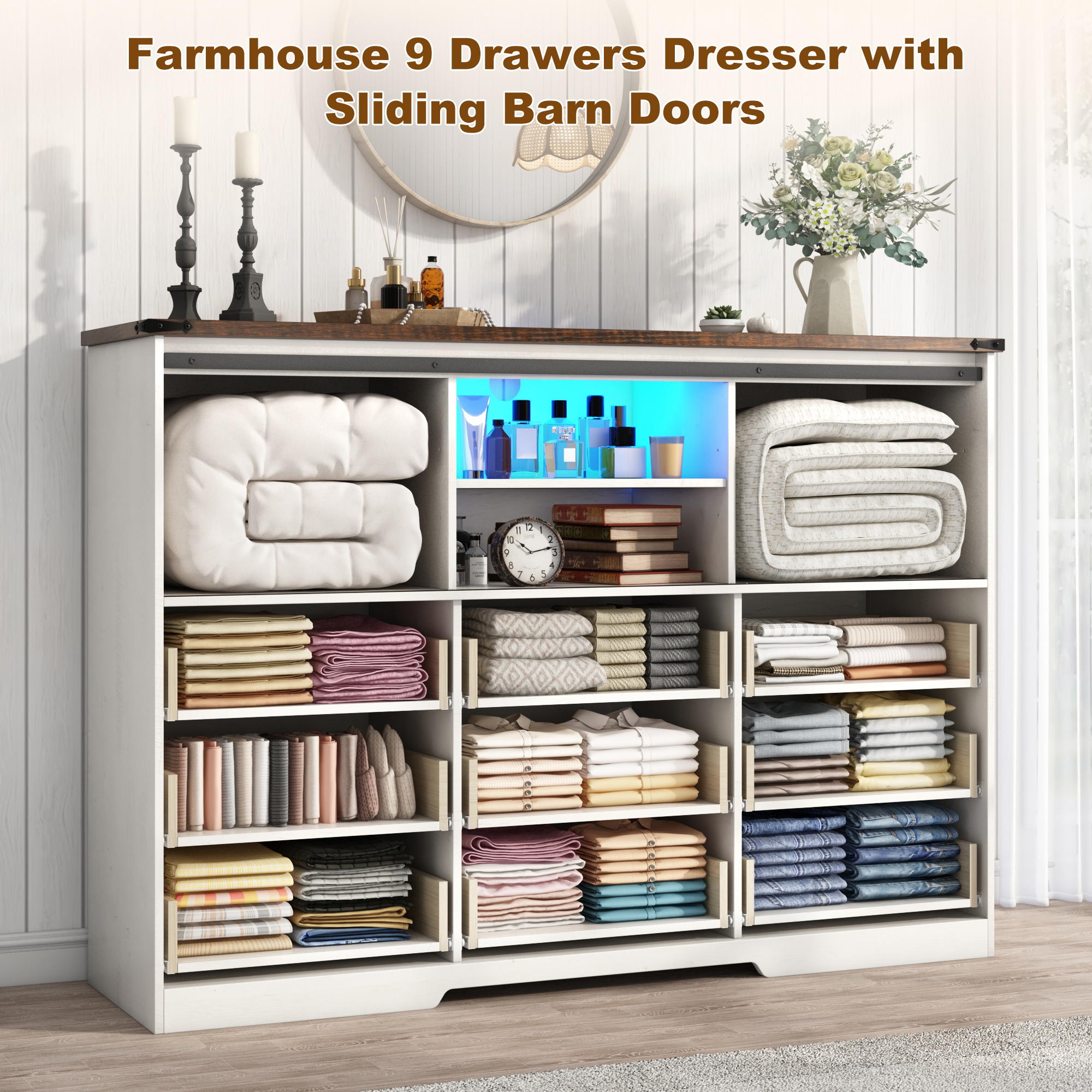 ChVans 63'' Farmhouse Dresser with LED Light & Power Outlet, 9 Drawers, 2 Sliding Doors, 2 Storage layers, Rustic Dresser TV Stand for 70in TV, Wood Storage Cabinet for Bedroom, Living Room, Hallway
