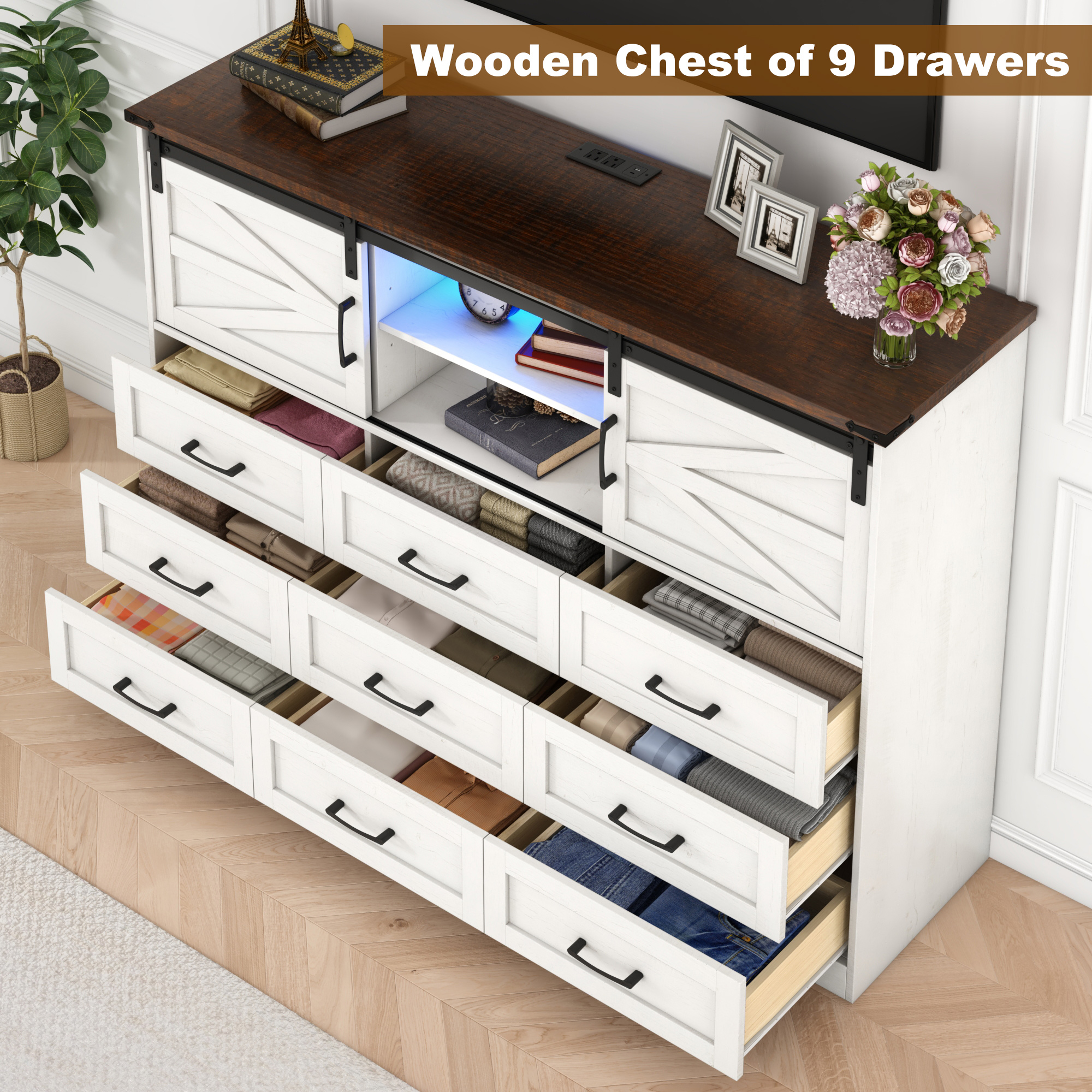 ChVans 63'' Farmhouse Dresser with LED Light & Power Outlet, 9 Drawers, 2 Sliding Doors, 2 Storage layers, Rustic Dresser TV Stand for 70in TV, Wood Storage Cabinet for Bedroom, Living Room, Hallway