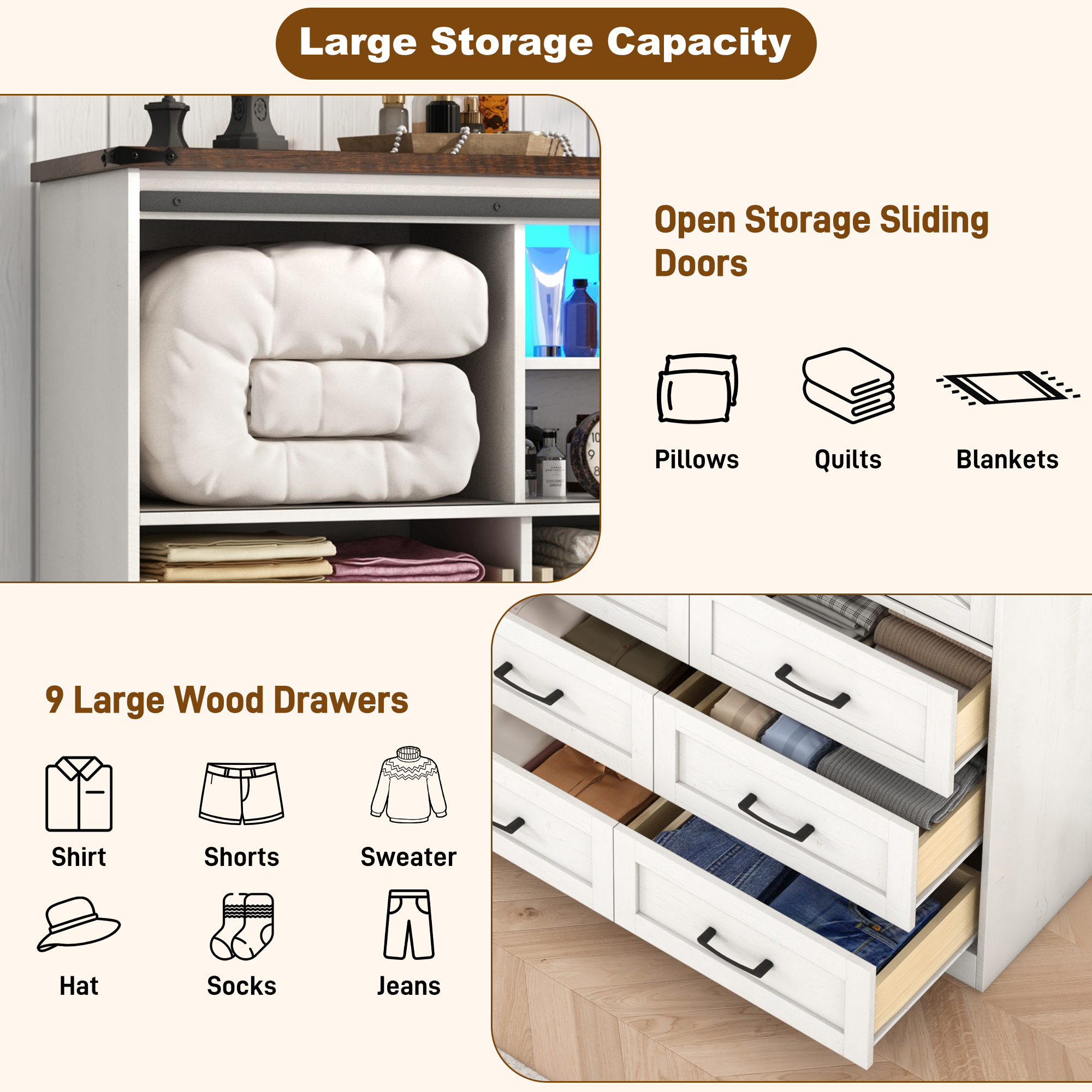 ChVans 63'' Farmhouse Dresser with LED Light & Power Outlet, 9 Drawers, 2 Sliding Doors, 2 Storage layers, Rustic Dresser TV Stand for 70in TV, Wood Storage Cabinet for Bedroom, Living Room, Hallway