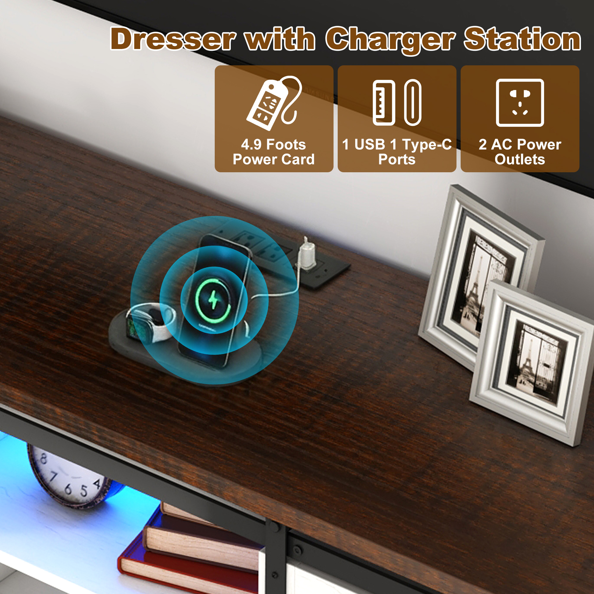 ChVans 63'' Farmhouse Dresser with LED Light & Power Outlet, 9 Drawers, 2 Sliding Doors, 2 Storage layers, Rustic Dresser TV Stand for 70in TV, Wood Storage Cabinet for Bedroom, Living Room, Hallway