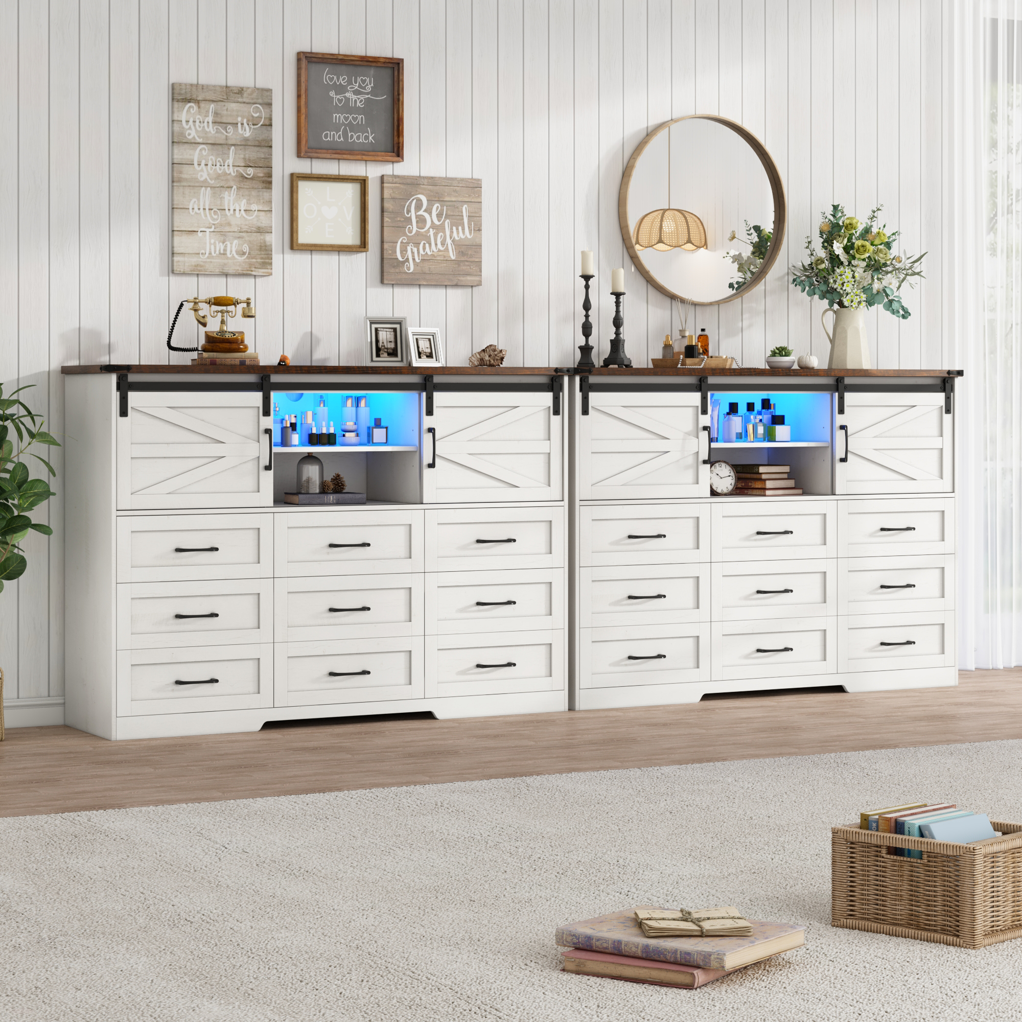 ChVans 63'' Farmhouse Dresser with LED Light & Power Outlet, 9 Drawers, 2 Sliding Doors, 2 Storage layers, Rustic Dresser TV Stand for 70in TV, Wood Storage Cabinet for Bedroom, Living Room, Hallway