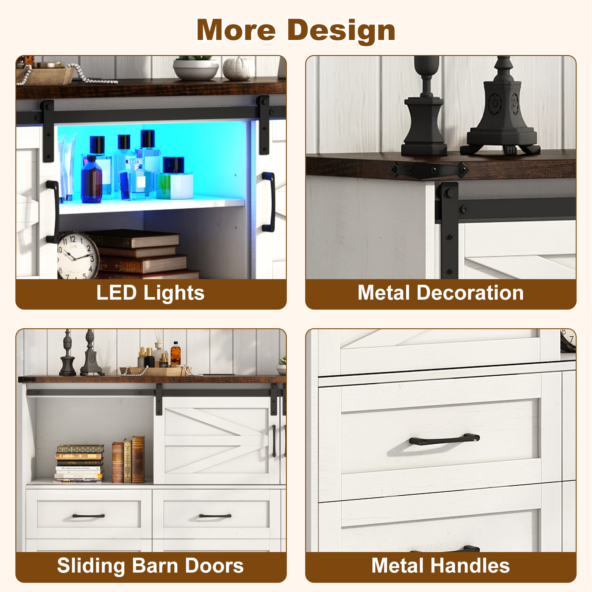 ChVans 63'' Farmhouse Dresser with LED Light & Power Outlet, 9 Drawers, 2 Sliding Doors, 2 Storage layers, Rustic Dresser TV Stand for 70in TV, Wood Storage Cabinet for Bedroom, Living Room, Hallway