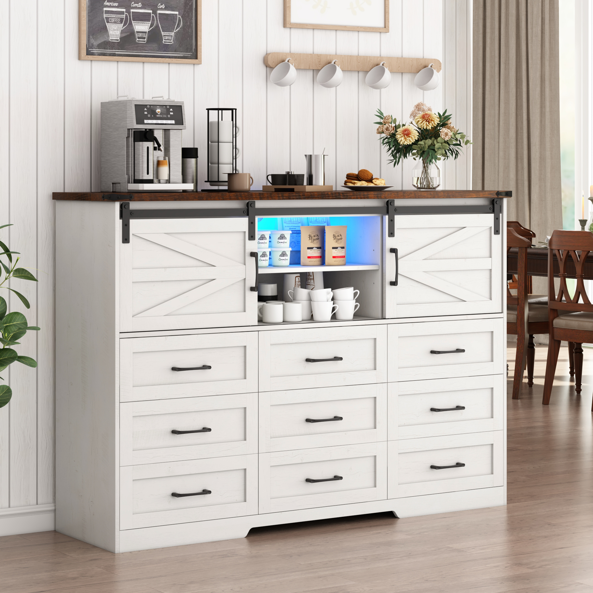 ANPOO Farmhouse 9 Drawers Dresser with LED Light&Power Outlet, Sliding Barn Door Storage Cabinet, Large Chest of Drawers for Bedroom Living Room Entryway, Wood Dresser Organizer with Spacious Storage