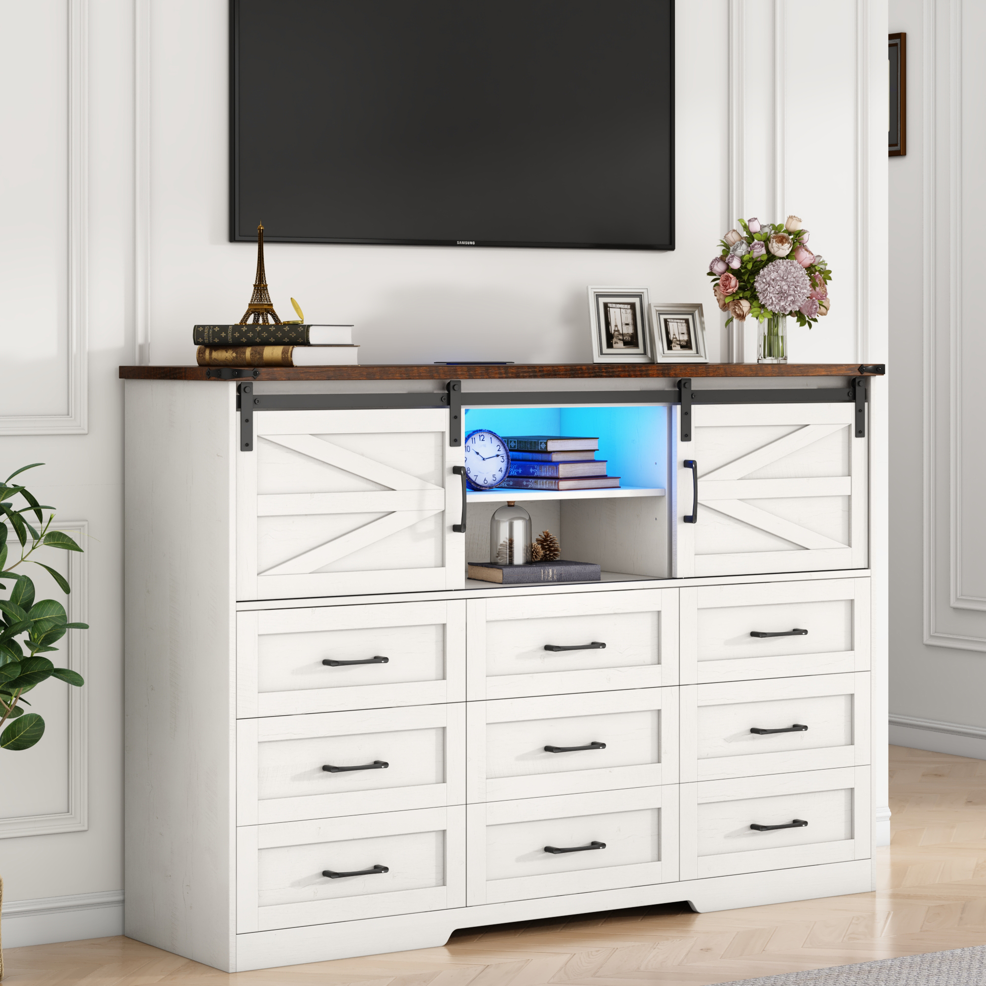 ANPOO Farmhouse 9 Drawers Dresser with LED Light&Power Outlet, Sliding Barn Door Storage Cabinet, Large Chest of Drawers for Bedroom Living Room Entryway, Wood Dresser Organizer with Spacious Storage