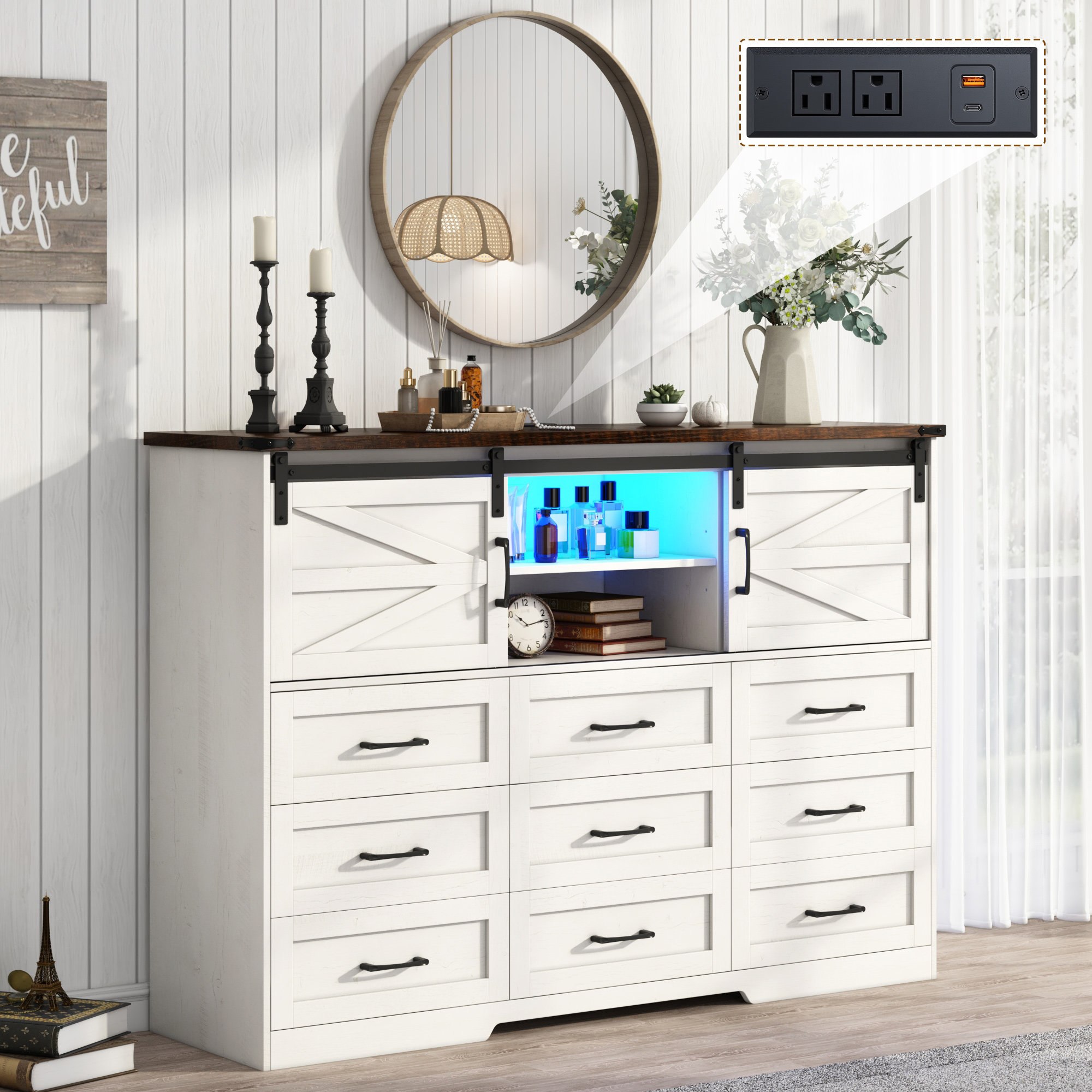 ANPOO Farmhouse 9 Drawers Dresser with LED Light&Power Outlet, Sliding Barn Door Storage Cabinet, Large Chest of Drawers for Bedroom Living Room Entryway, Wood Dresser Organizer with Spacious Storage