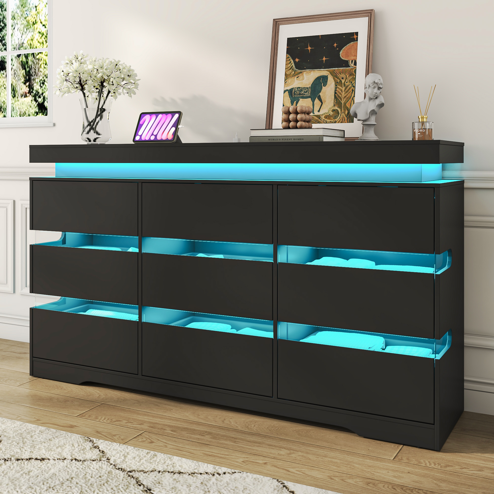 ANPOO 9 Drawer Dresser for Bedroom, 63 Inch Dresser with LED Lights and Charging Station, Wide Chest of Drawers with Large Storage, Bedroom Closet Organizer Cabinet for Living Room Entryway, White