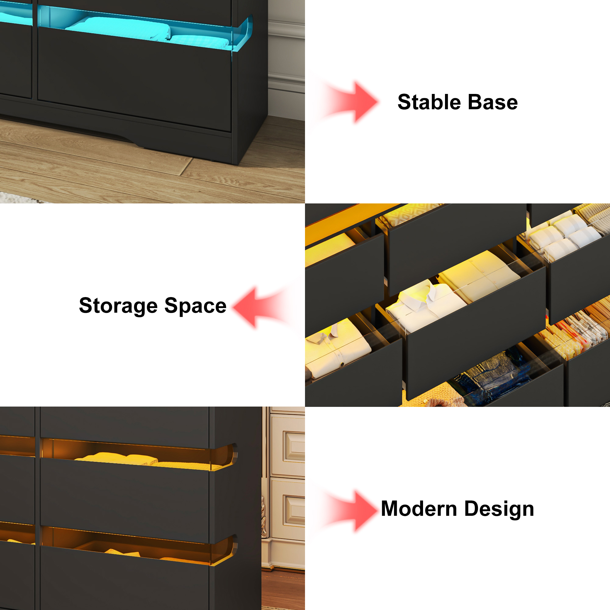 ANPOO 9 Drawer Dresser for Bedroom, 63 Inch Dresser with LED Lights and Charging Station, Wide Chest of Drawers with Large Storage, Bedroom Closet Organizer Cabinet for Living Room Entryway, White