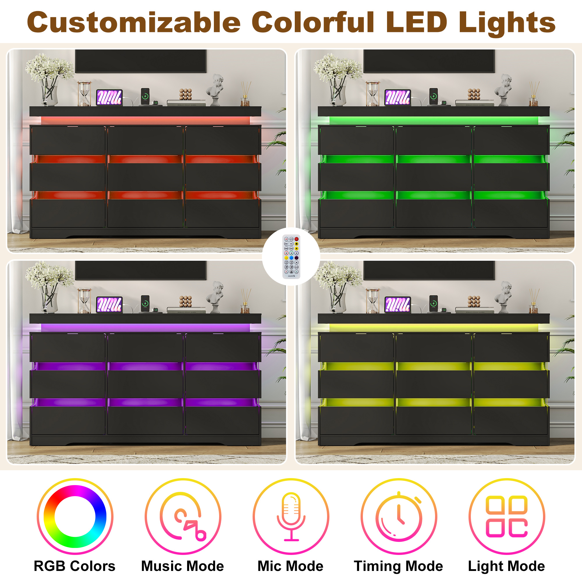 ANPOO 9 Drawer Dresser for Bedroom, 63 Inch Dresser with LED Lights and Charging Station, Wide Chest of Drawers with Large Storage, Bedroom Closet Organizer Cabinet for Living Room Entryway, White