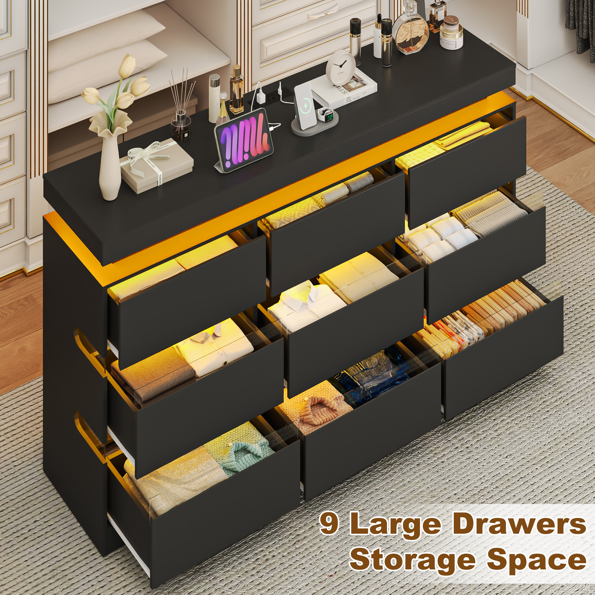 ANPOO 9 Drawer Dresser for Bedroom, 63 Inch Dresser with LED Lights and Charging Station, Wide Chest of Drawers with Large Storage, Bedroom Closet Organizer Cabinet for Living Room Entryway, White