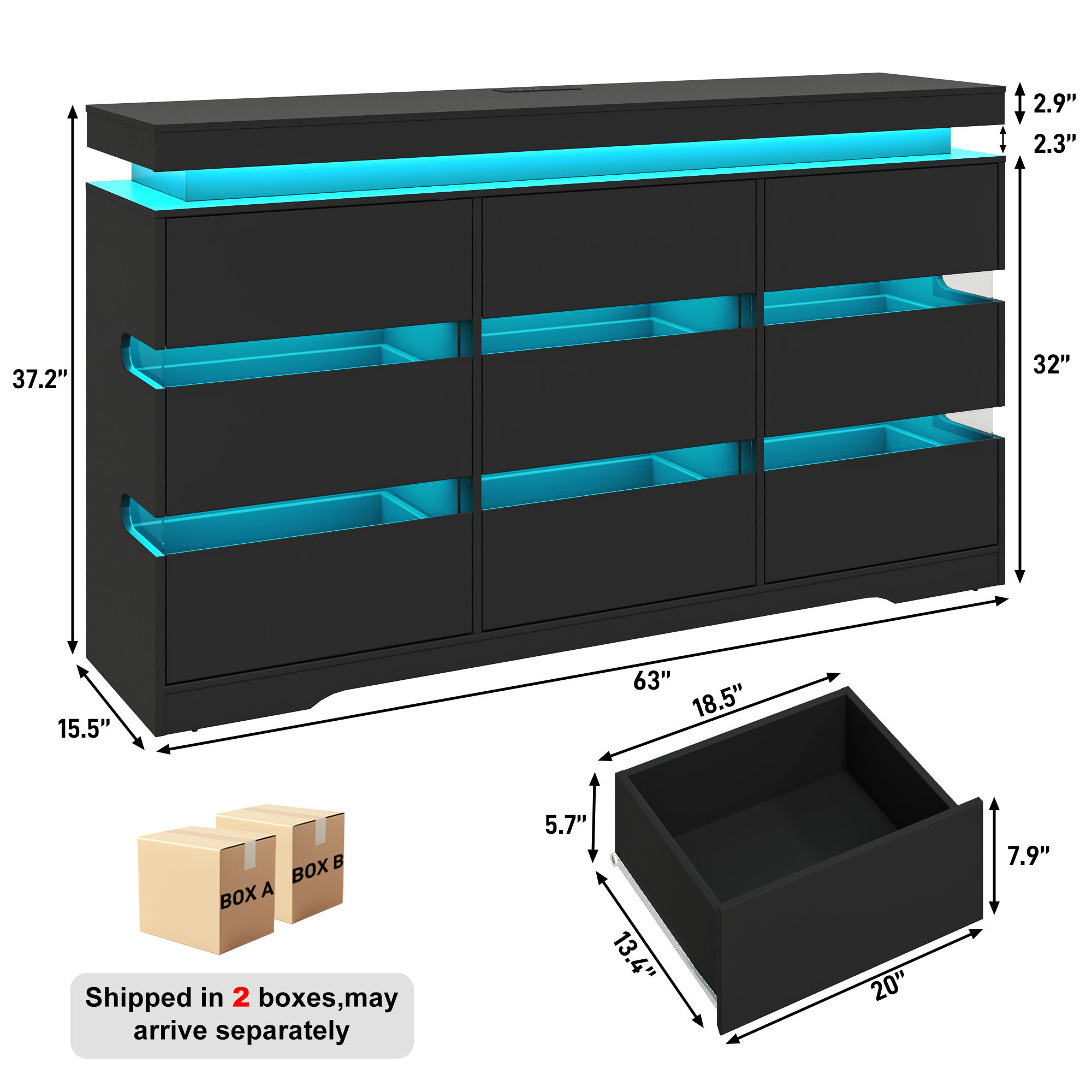 ANPOO 9 Drawer Dresser for Bedroom, 63 Inch Dresser with LED Lights and Charging Station, Wide Chest of Drawers with Large Storage, Bedroom Closet Organizer Cabinet for Living Room Entryway, White