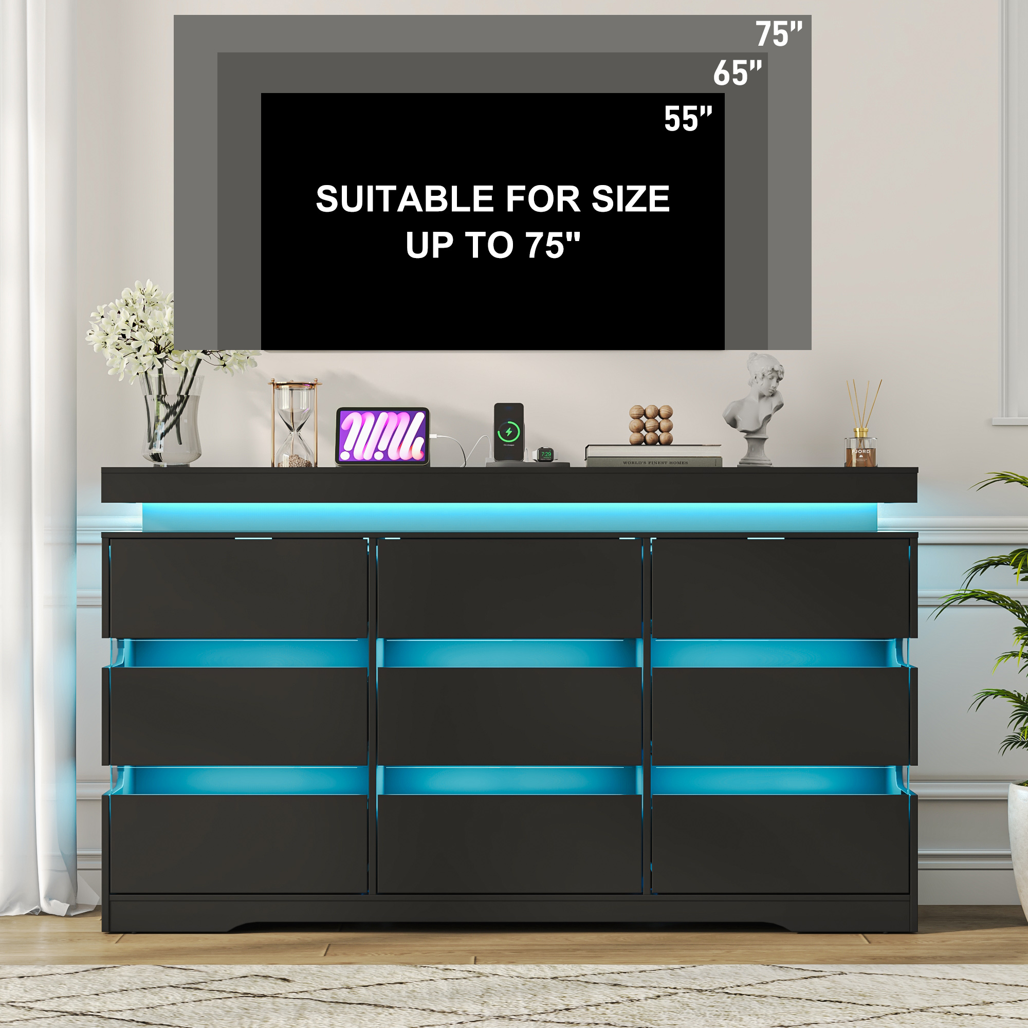 ANPOO 9 Drawer Dresser for Bedroom, 63 Inch Dresser with LED Lights and Charging Station, Wide Chest of Drawers with Large Storage, Bedroom Closet Organizer Cabinet for Living Room Entryway, White