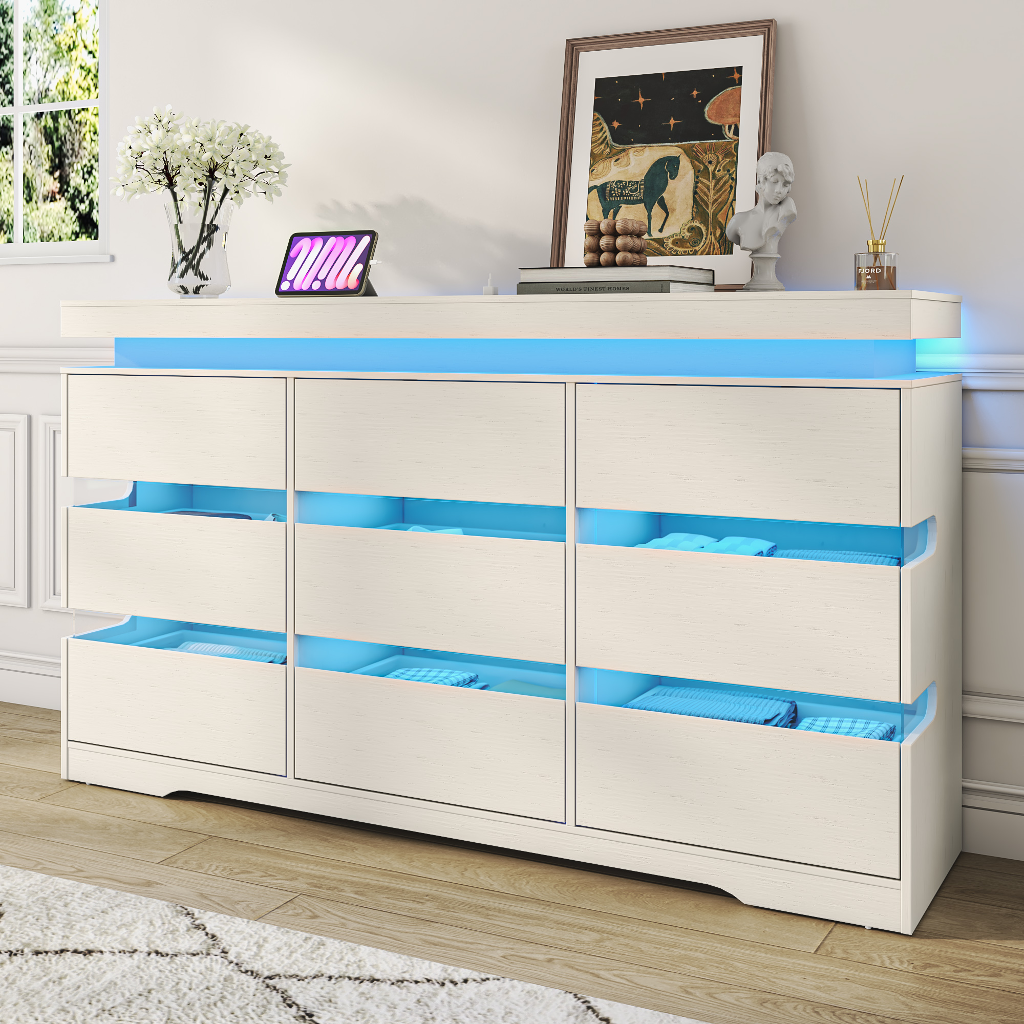 ANPOO 9 Drawer Dresser for Bedroom, 63 Inch Dresser with LED Lights and Charging Station, Wide Chest of Drawers with Large Storage, Bedroom Closet Organizer Cabinet for Living Room Entryway, White