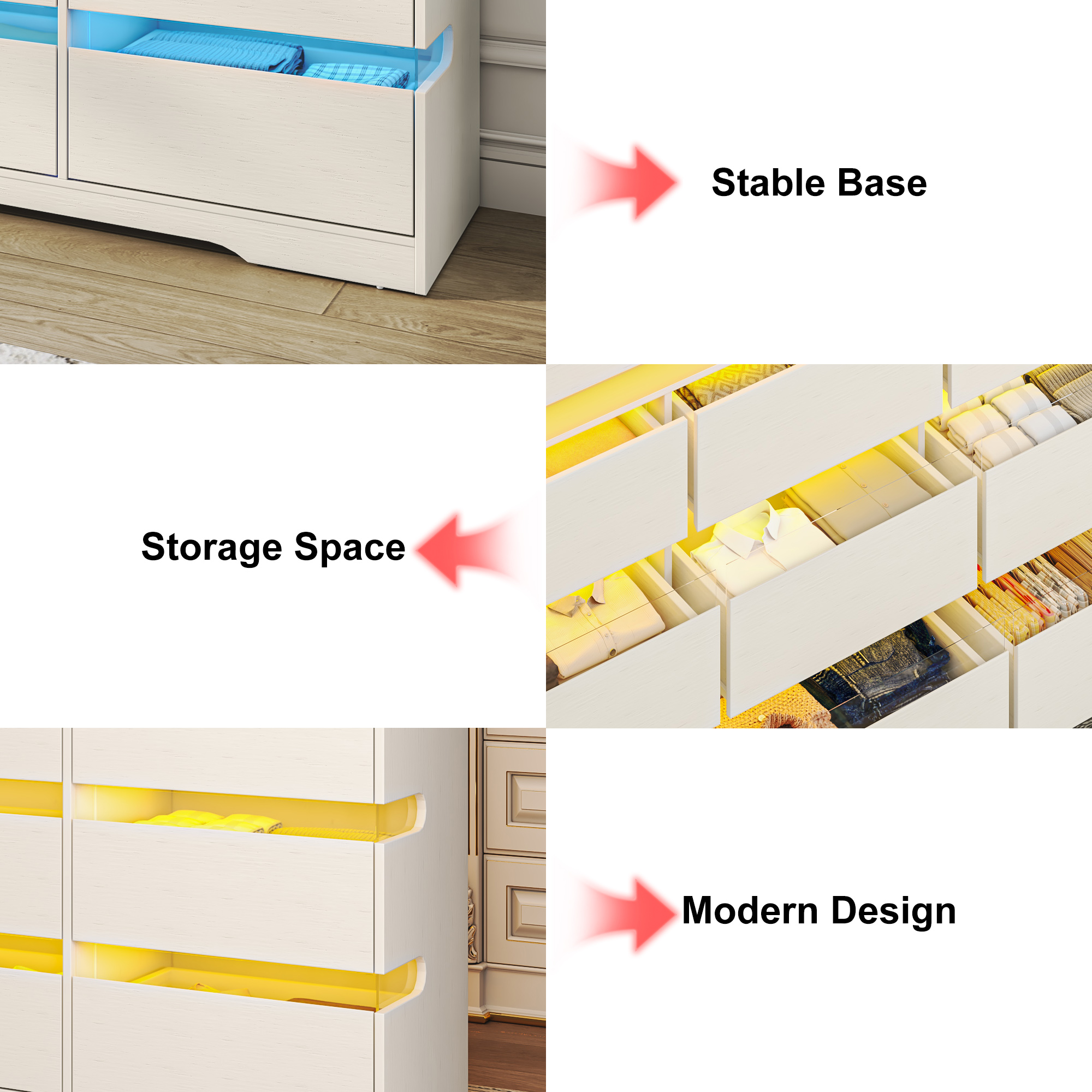 ANPOO 9 Drawer Dresser for Bedroom, 63 Inch Dresser with LED Lights and Charging Station, Wide Chest of Drawers with Large Storage, Bedroom Closet Organizer Cabinet for Living Room Entryway, White