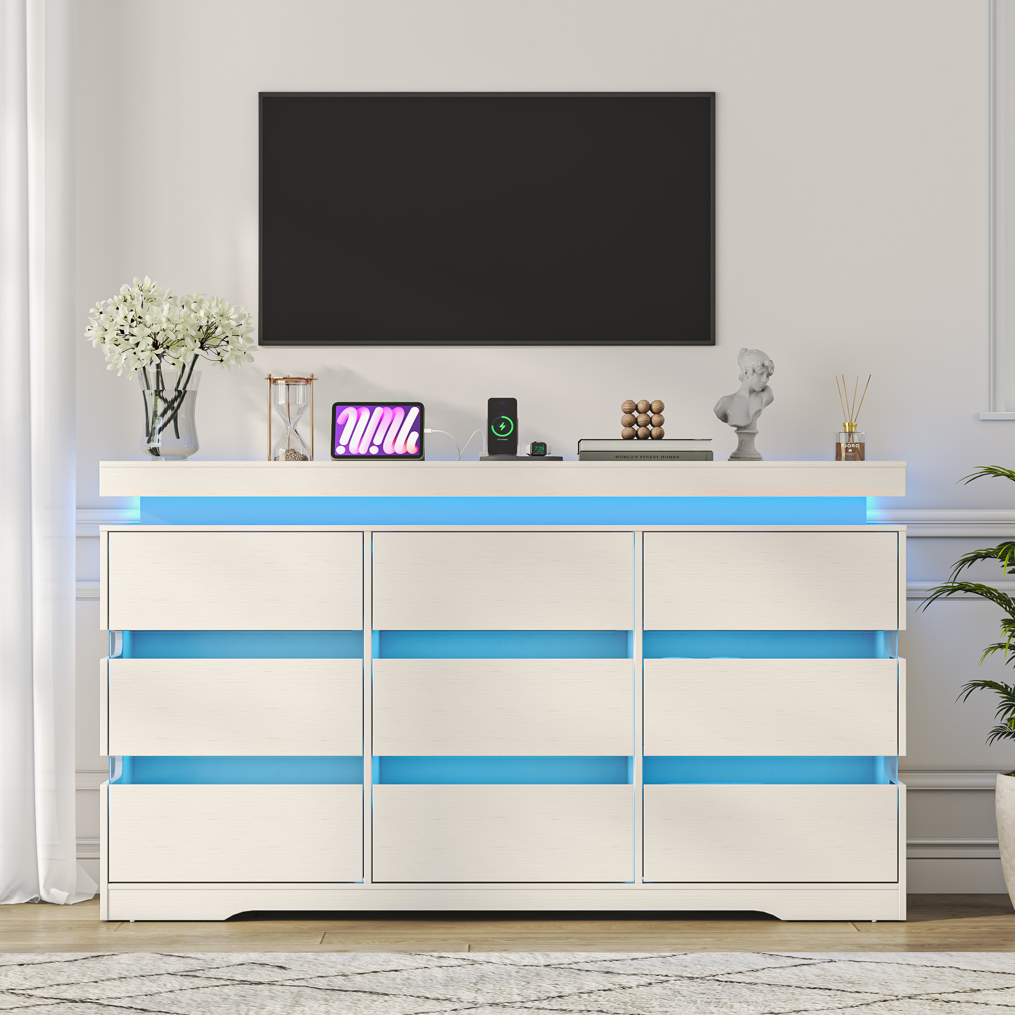 ANPOO 9 Drawer Dresser for Bedroom, 63 Inch Dresser with LED Lights and Charging Station, Wide Chest of Drawers with Large Storage, Bedroom Closet Organizer Cabinet for Living Room Entryway, White