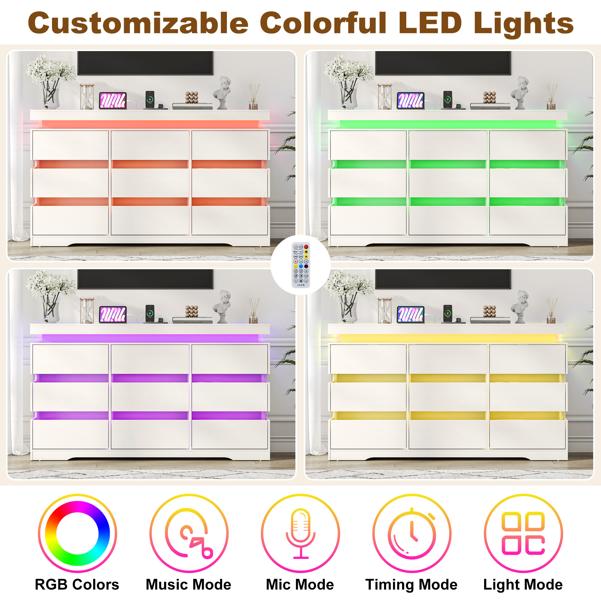 ANPOO 9 Drawer Dresser for Bedroom, 63 Inch Dresser with LED Lights and Charging Station, Wide Chest of Drawers with Large Storage, Bedroom Closet Organizer Cabinet for Living Room Entryway, White