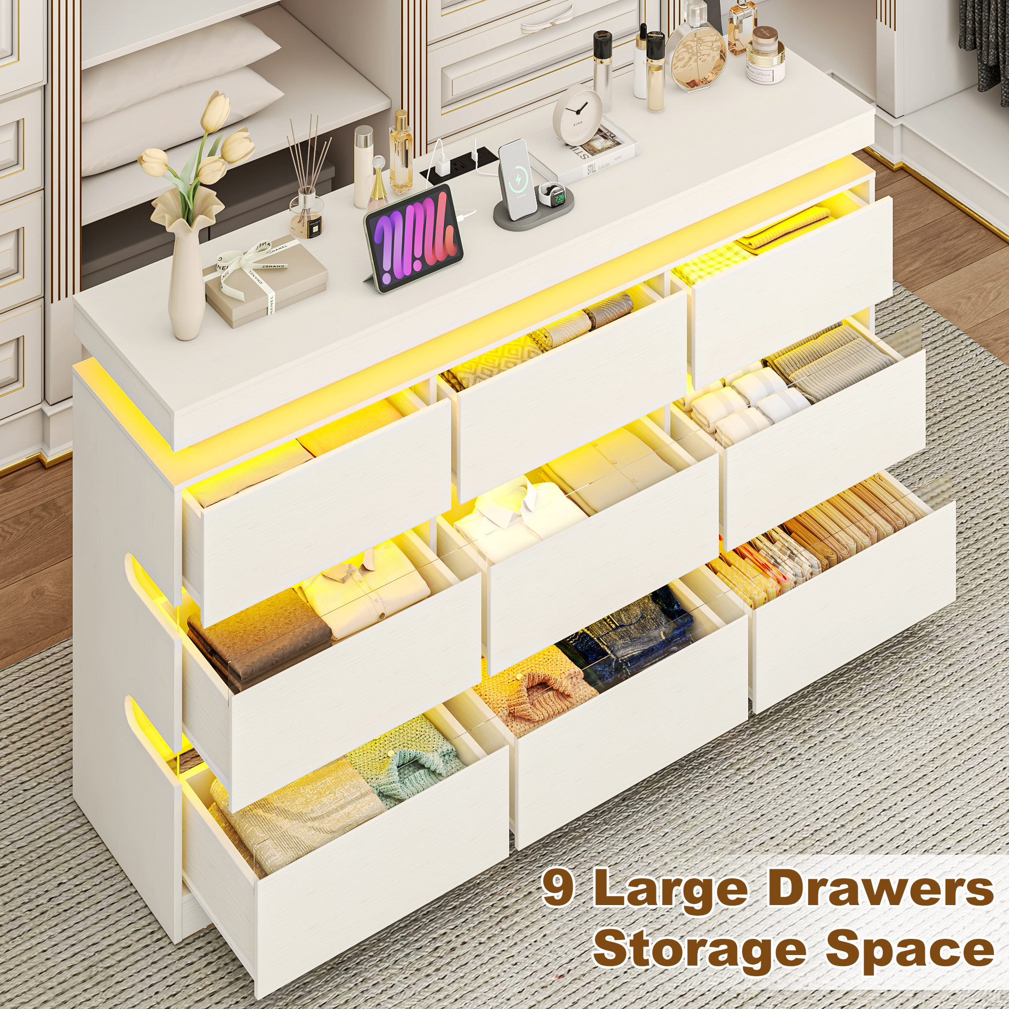 ANPOO 9 Drawer Dresser for Bedroom, 63 Inch Dresser with LED Lights and Charging Station, Wide Chest of Drawers with Large Storage, Bedroom Closet Organizer Cabinet for Living Room Entryway, White