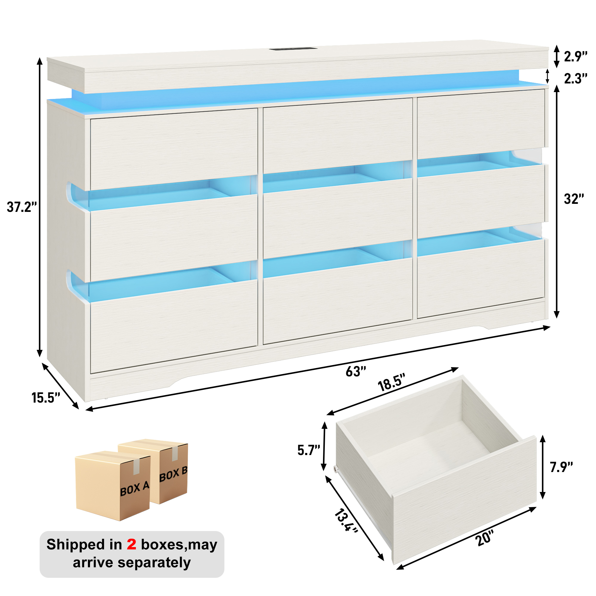 ANPOO 9 Drawer Dresser for Bedroom, 63 Inch Dresser with LED Lights and Charging Station, Wide Chest of Drawers with Large Storage, Bedroom Closet Organizer Cabinet for Living Room Entryway, White