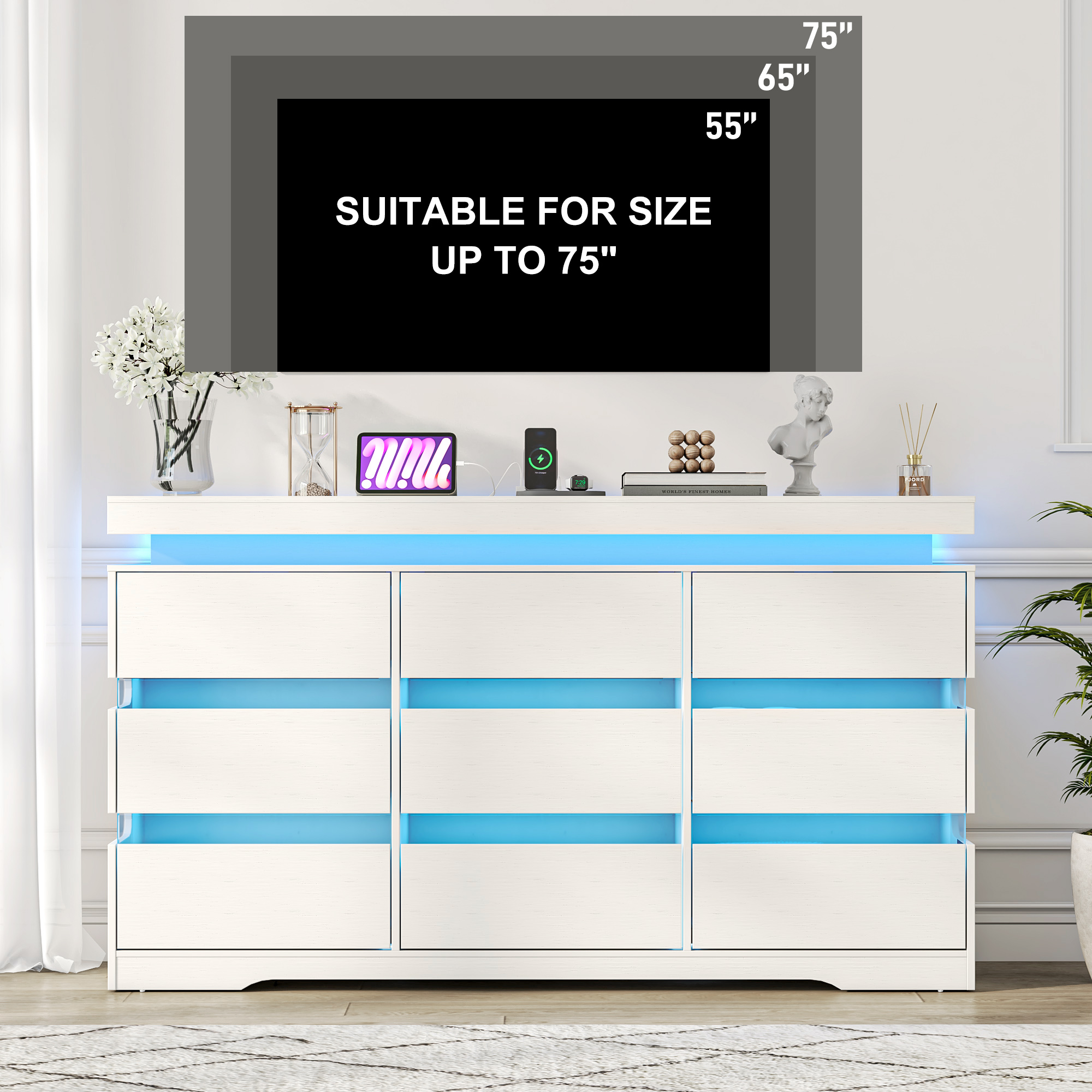 ANPOO 9 Drawer Dresser for Bedroom, 63 Inch Dresser with LED Lights and Charging Station, Wide Chest of Drawers with Large Storage, Bedroom Closet Organizer Cabinet for Living Room Entryway, White