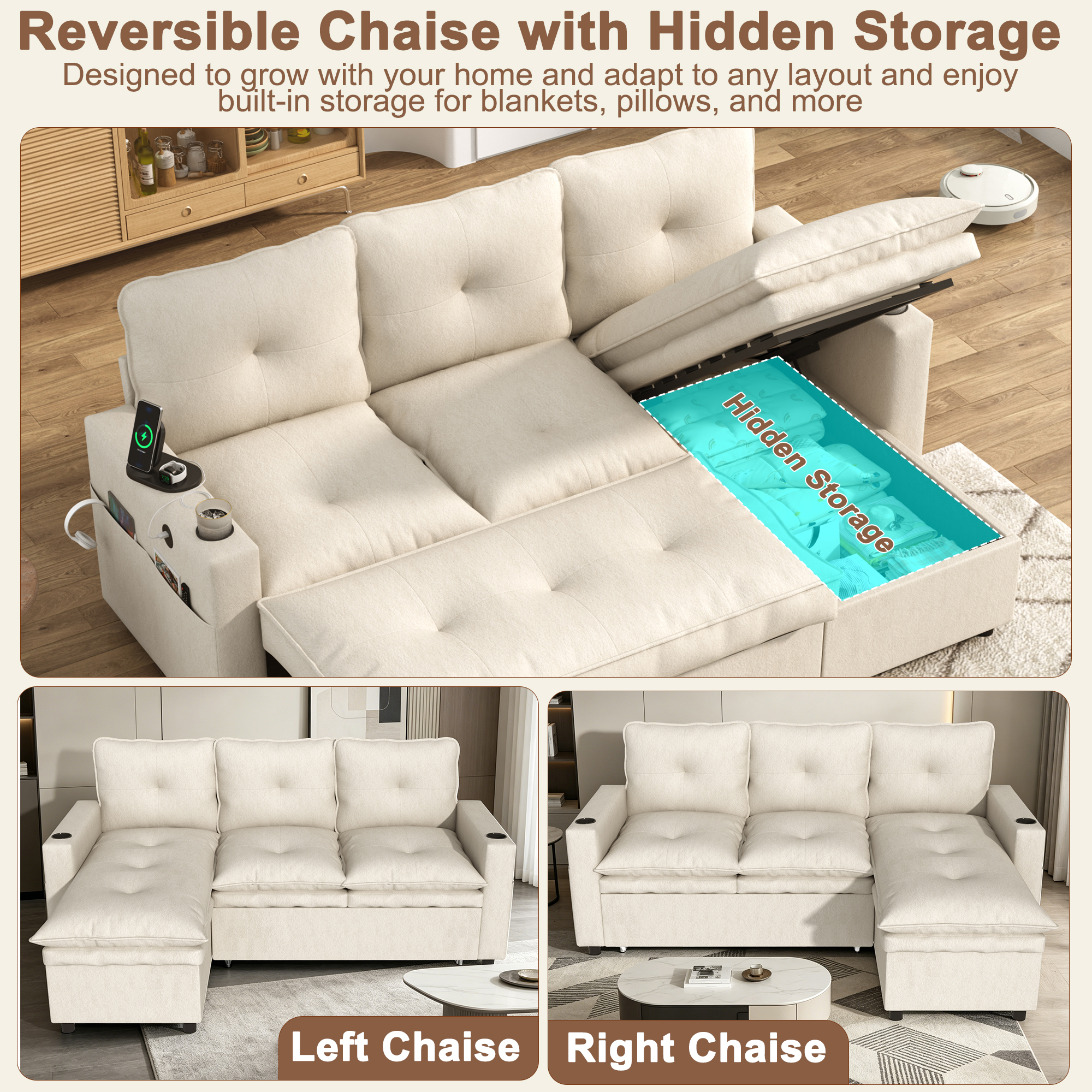ANPOO 81" Convertible Sectional Pull Out Sleeper Sofa Bed with Storage Chaise & USB Charging, 5-Level Adjustable Backrest, Cloud-Soft Chenille Couch for Small Space Living Room