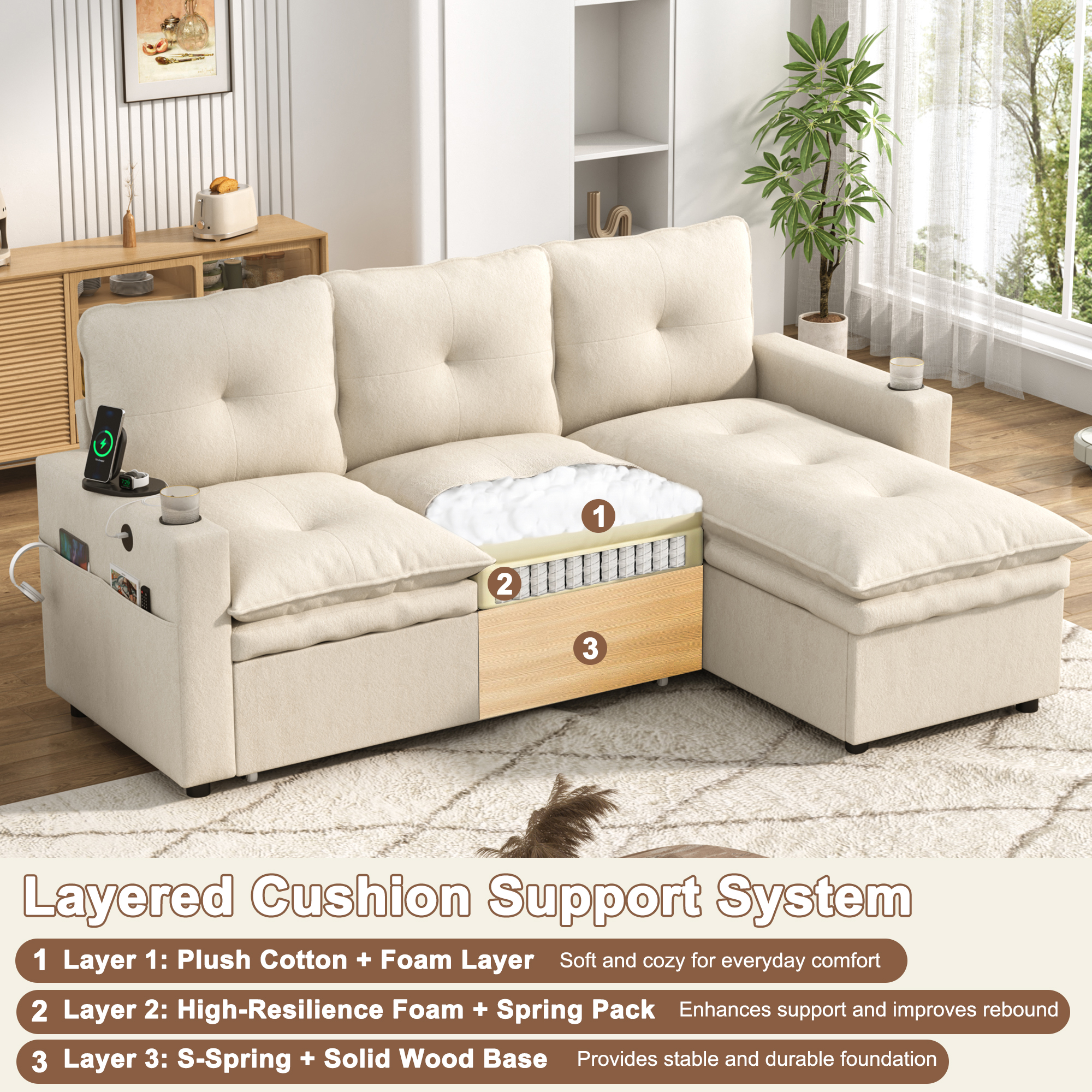 ANPOO 81" Convertible Sectional Pull Out Sleeper Sofa Bed with Storage Chaise & USB Charging, 5-Level Adjustable Backrest, Cloud-Soft Chenille Couch for Small Space Living Room
