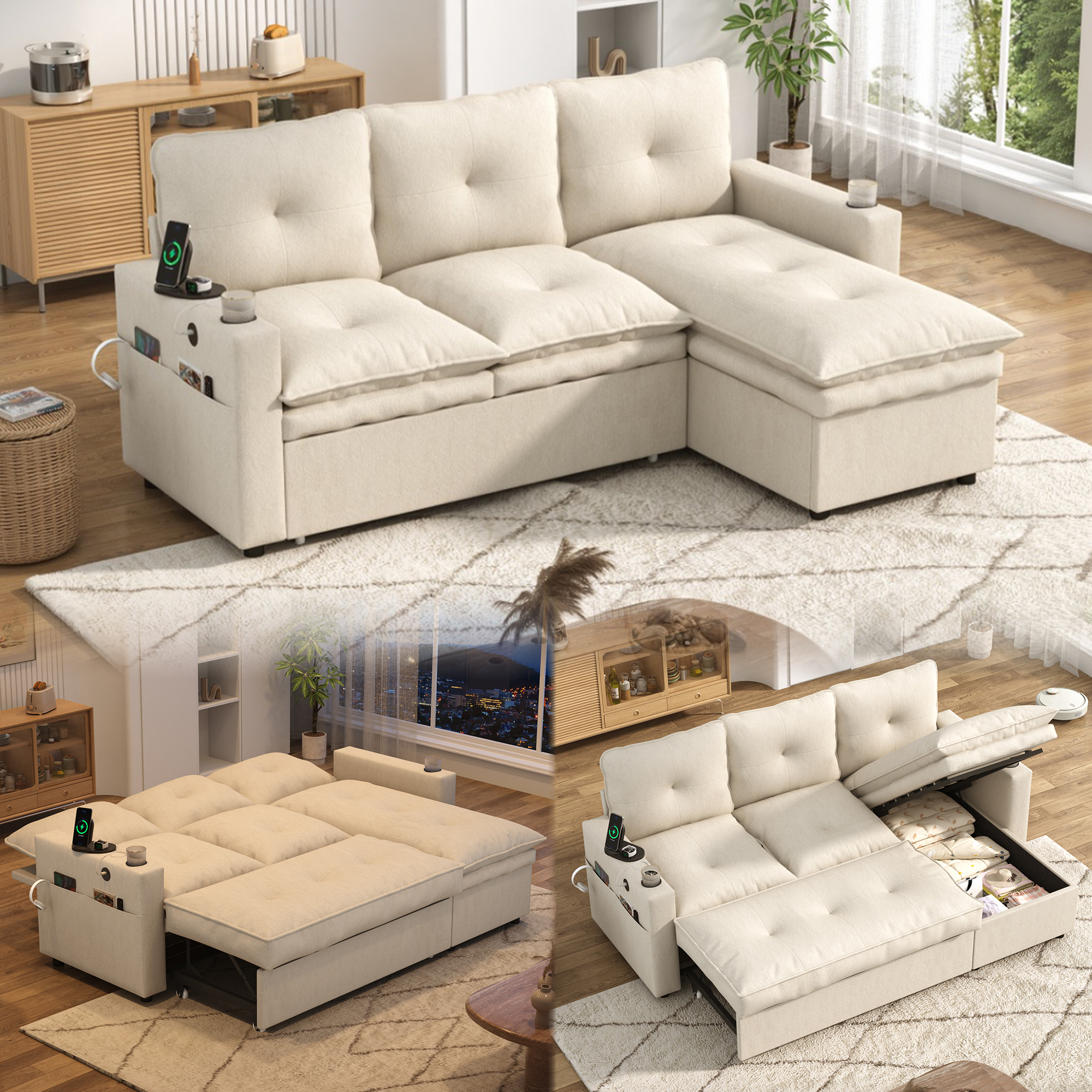ANPOO 81" Convertible Sectional Pull Out Sleeper Sofa Bed with Storage Chaise & USB Charging, 5-Level Adjustable Backrest, Cloud-Soft Chenille Couch for Small Space Living Room