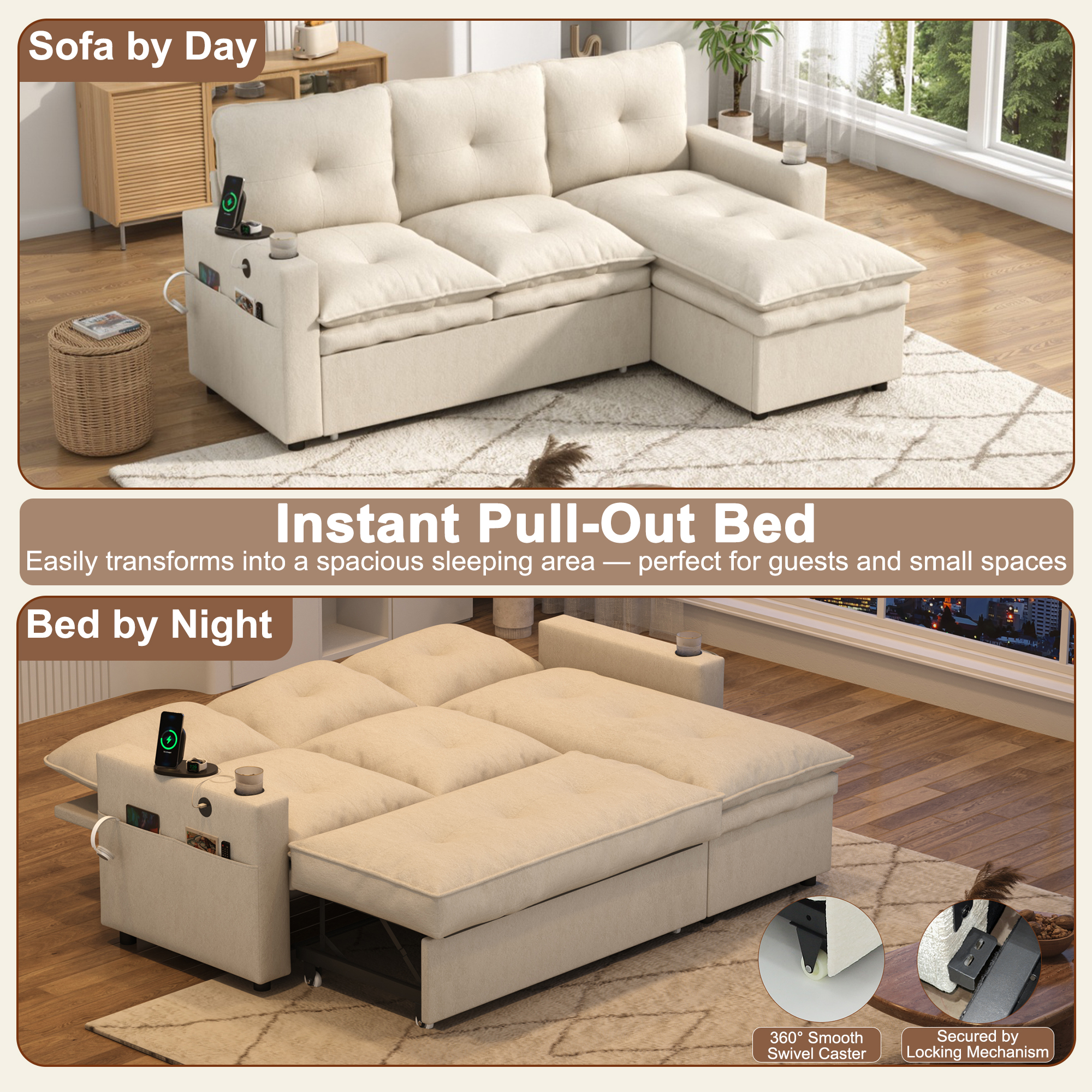 ANPOO 81" Convertible Sectional Pull Out Sleeper Sofa Bed with Storage Chaise & USB Charging, 5-Level Adjustable Backrest, Cloud-Soft Chenille Couch for Small Space Living Room