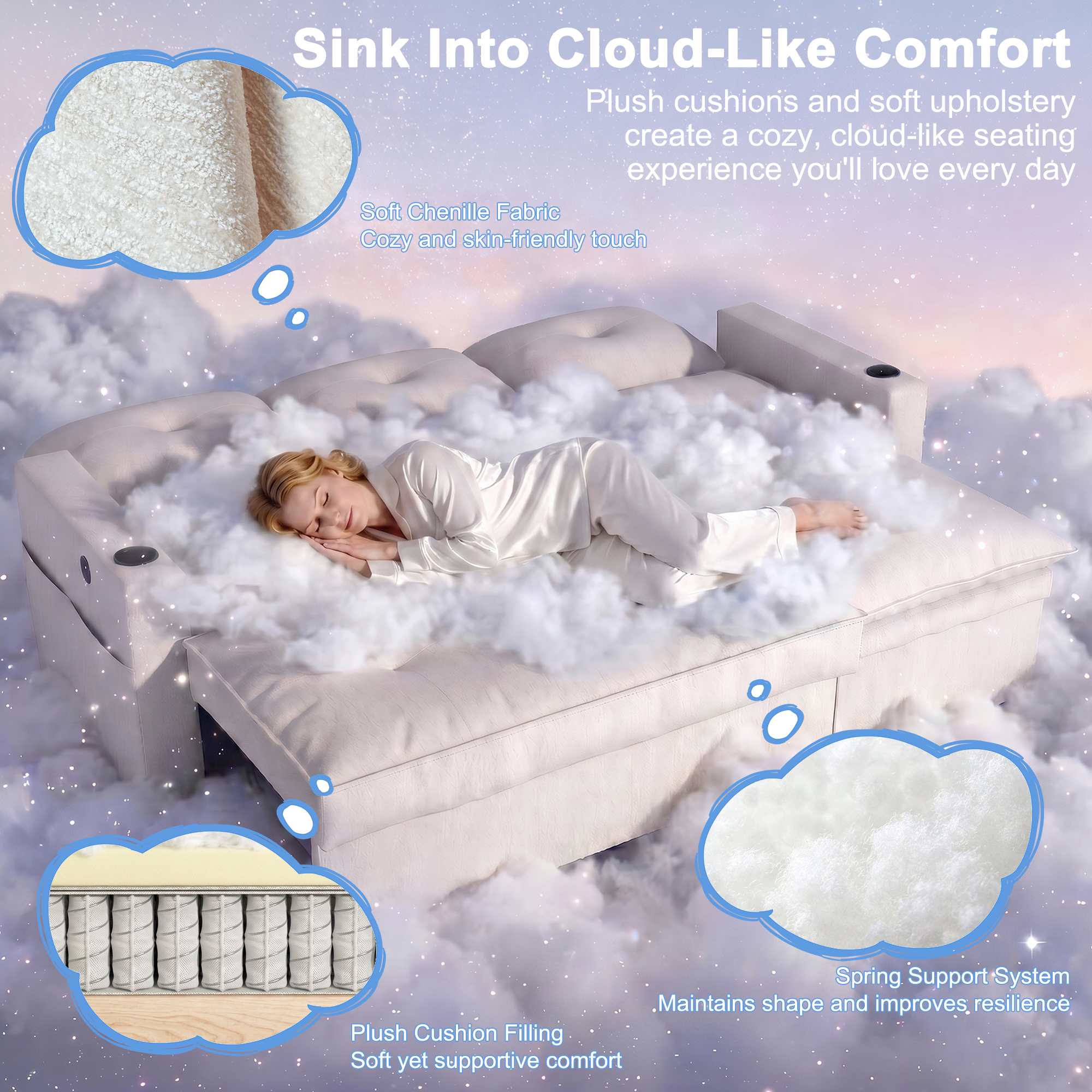ANPOO 81" Convertible Sectional Pull Out Sleeper Sofa Bed with Storage Chaise & USB Charging, 5-Level Adjustable Backrest, Cloud-Soft Chenille Couch for Small Space Living Room