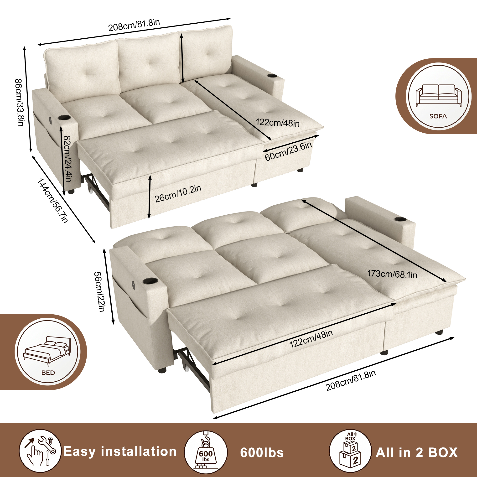 ANPOO 81" Convertible Sectional Pull Out Sleeper Sofa Bed with Storage Chaise & USB Charging, 5-Level Adjustable Backrest, Cloud-Soft Chenille Couch for Small Space Living Room