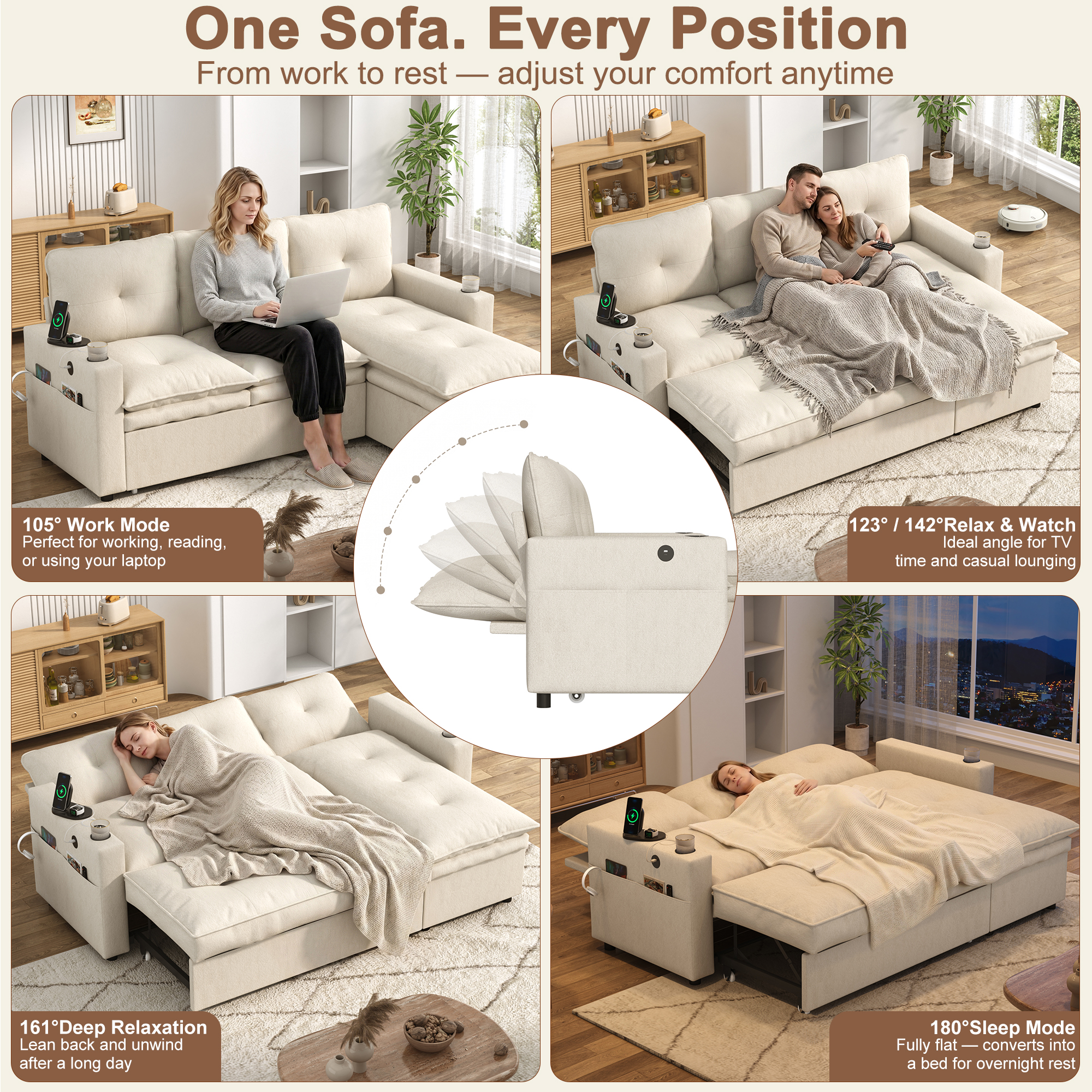 ANPOO 81" Convertible Sectional Pull Out Sleeper Sofa Bed with Storage Chaise & USB Charging, 5-Level Adjustable Backrest, Cloud-Soft Chenille Couch for Small Space Living Room