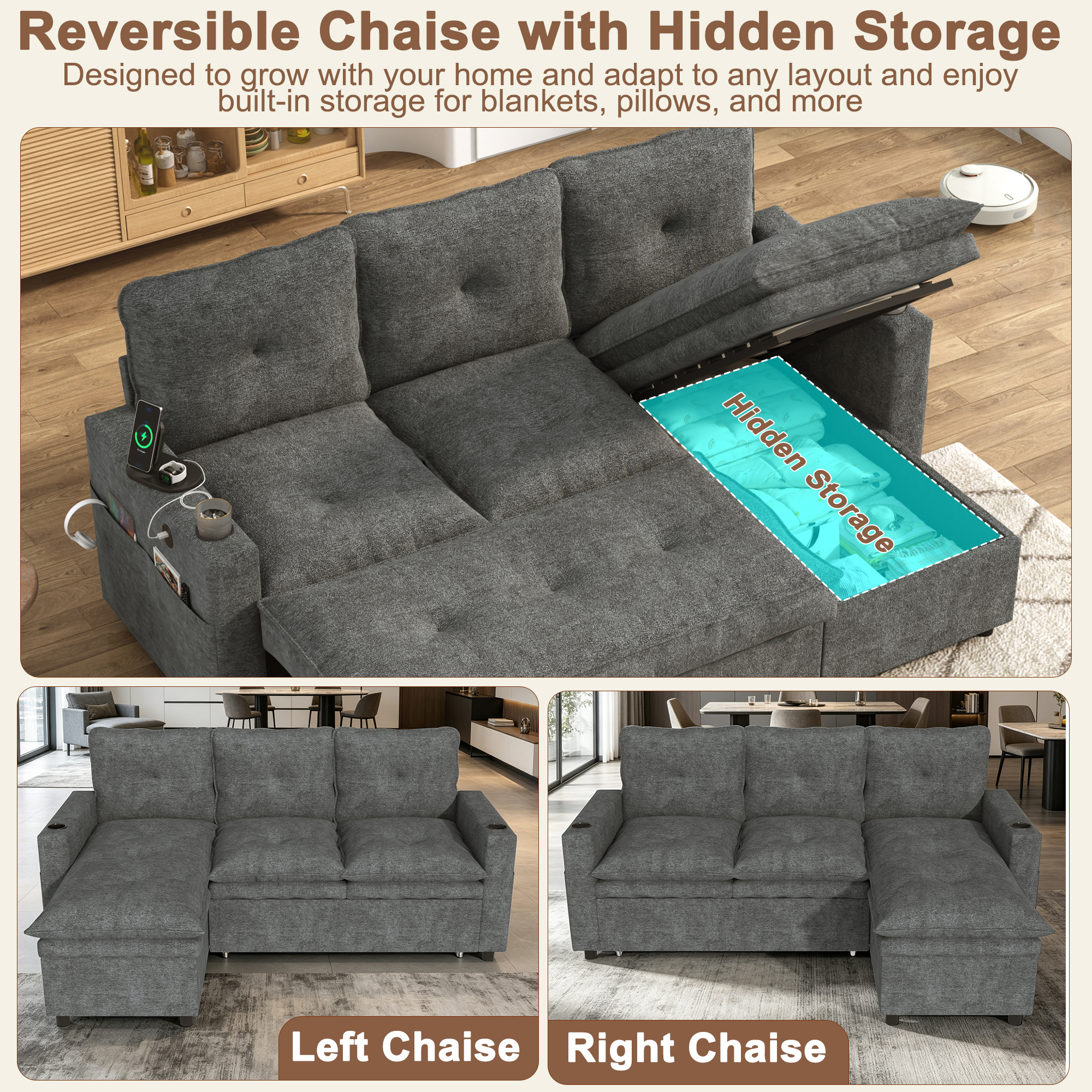 ANPOO 81" Convertible Sectional Pull Out Sleeper Sofa Bed with Storage Chaise & USB Charging, 5-Level Adjustable Backrest, Cloud-Soft Chenille Couch for Small Space Living Room
