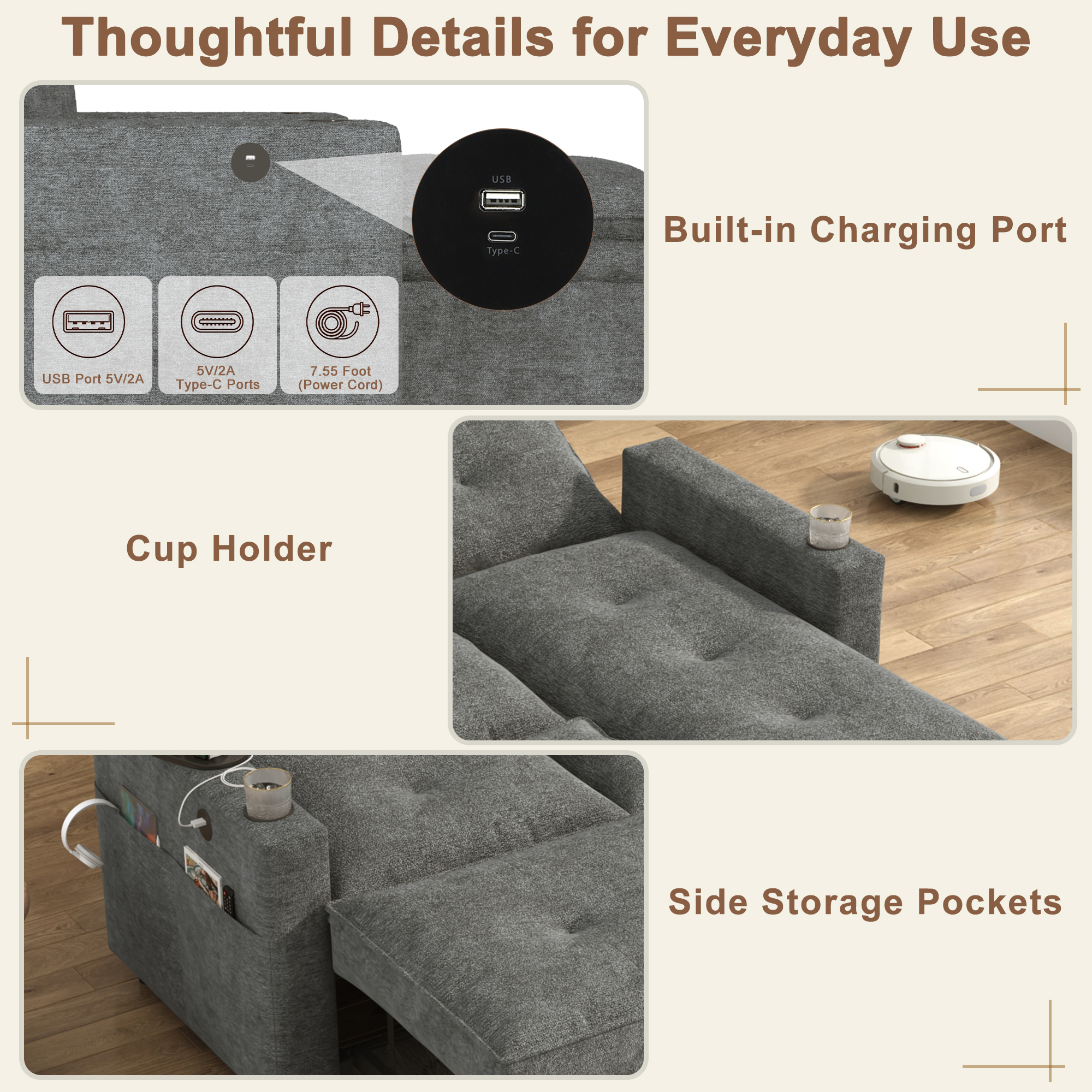 ANPOO 81" Convertible Sectional Pull Out Sleeper Sofa Bed with Storage Chaise & USB Charging, 5-Level Adjustable Backrest, Cloud-Soft Chenille Couch for Small Space Living Room