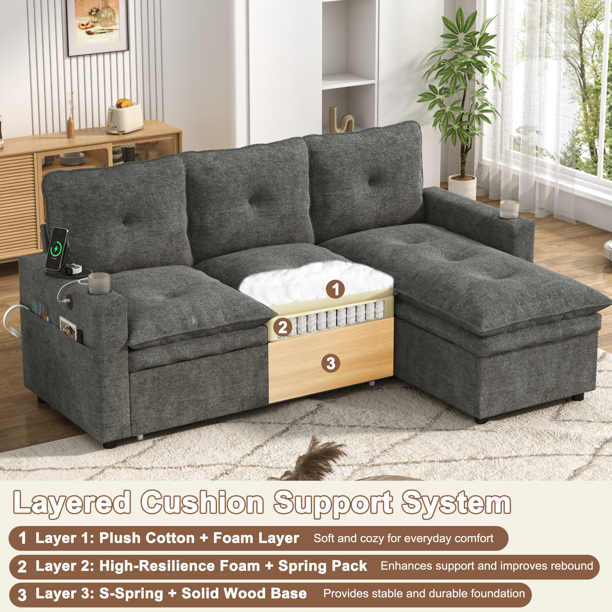 ANPOO 81" Convertible Sectional Pull Out Sleeper Sofa Bed with Storage Chaise & USB Charging, 5-Level Adjustable Backrest, Cloud-Soft Chenille Couch for Small Space Living Room