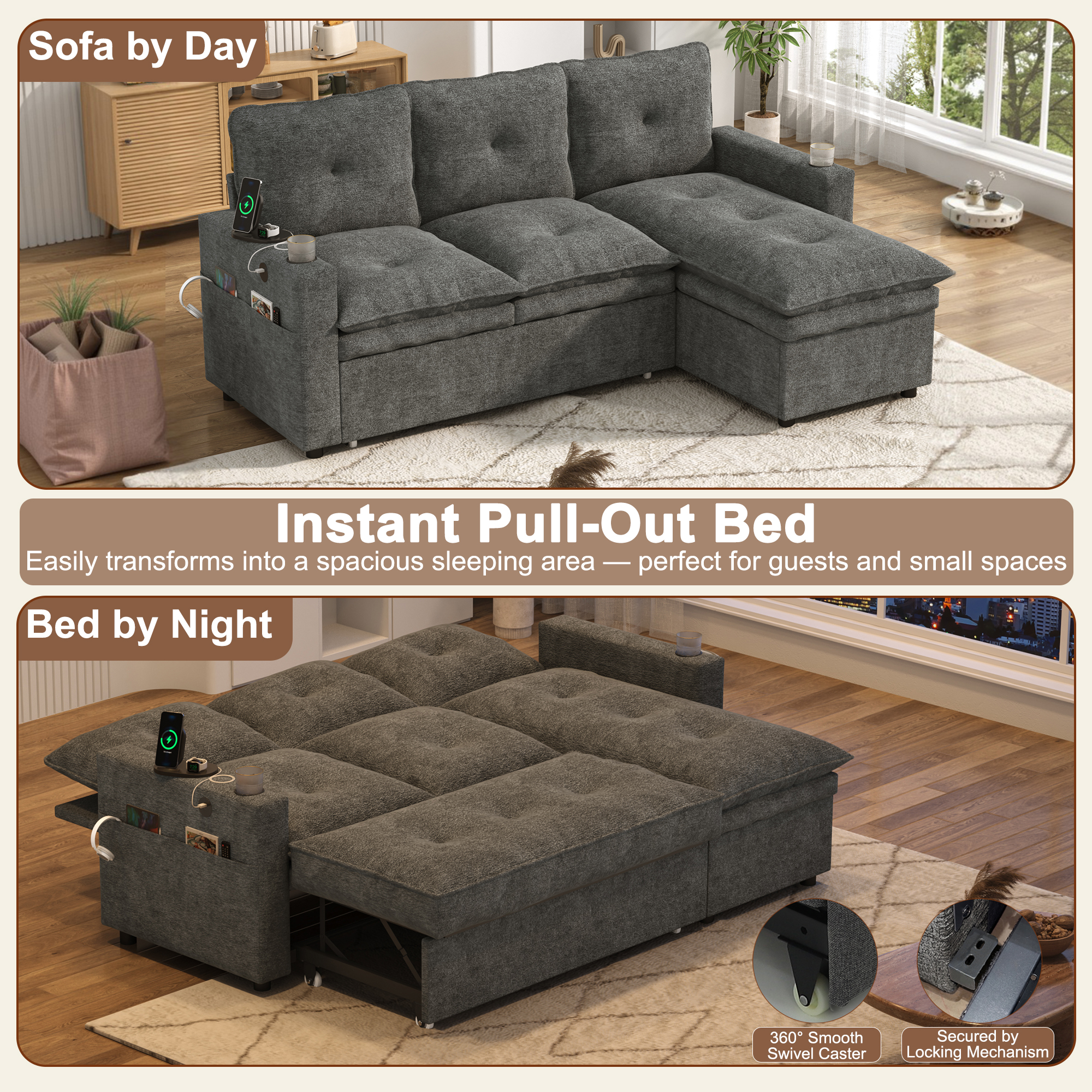 ANPOO 81" Convertible Sectional Pull Out Sleeper Sofa Bed with Storage Chaise & USB Charging, 5-Level Adjustable Backrest, Cloud-Soft Chenille Couch for Small Space Living Room