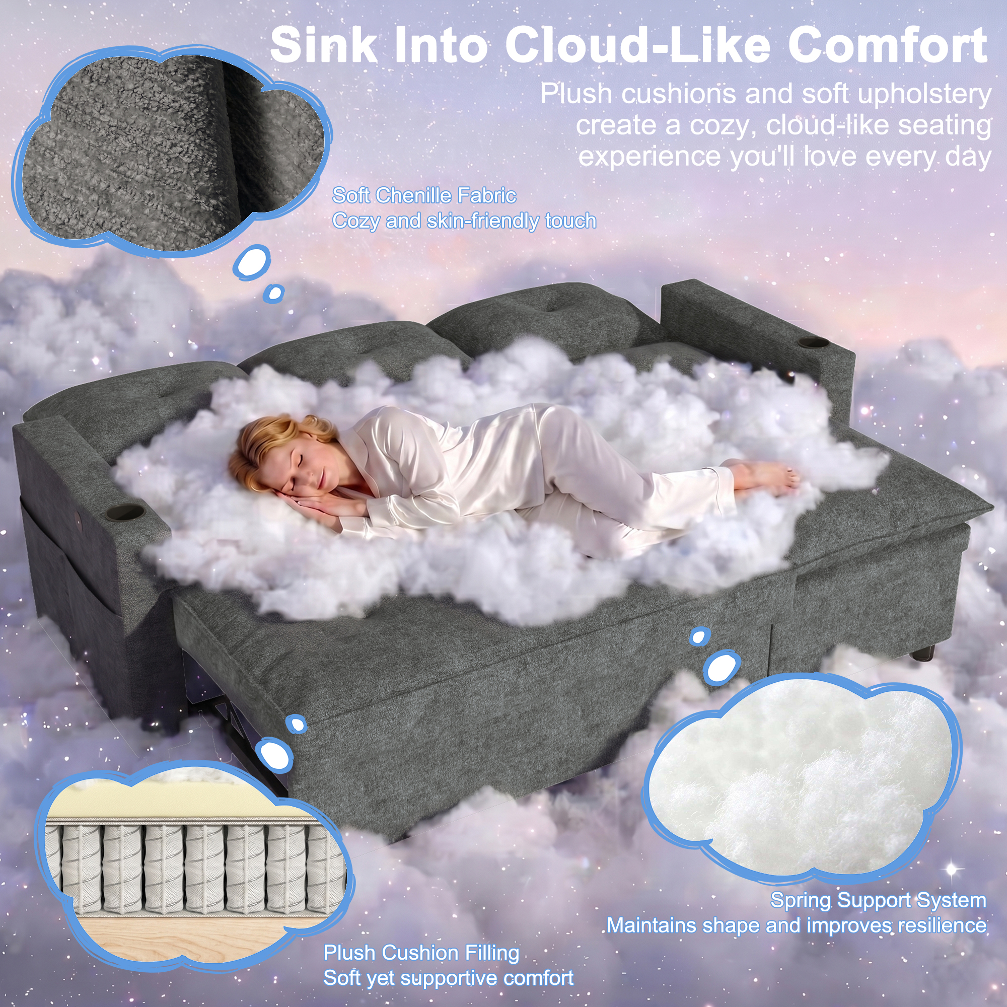 ANPOO 81" Convertible Sectional Pull Out Sleeper Sofa Bed with Storage Chaise & USB Charging, 5-Level Adjustable Backrest, Cloud-Soft Chenille Couch for Small Space Living Room
