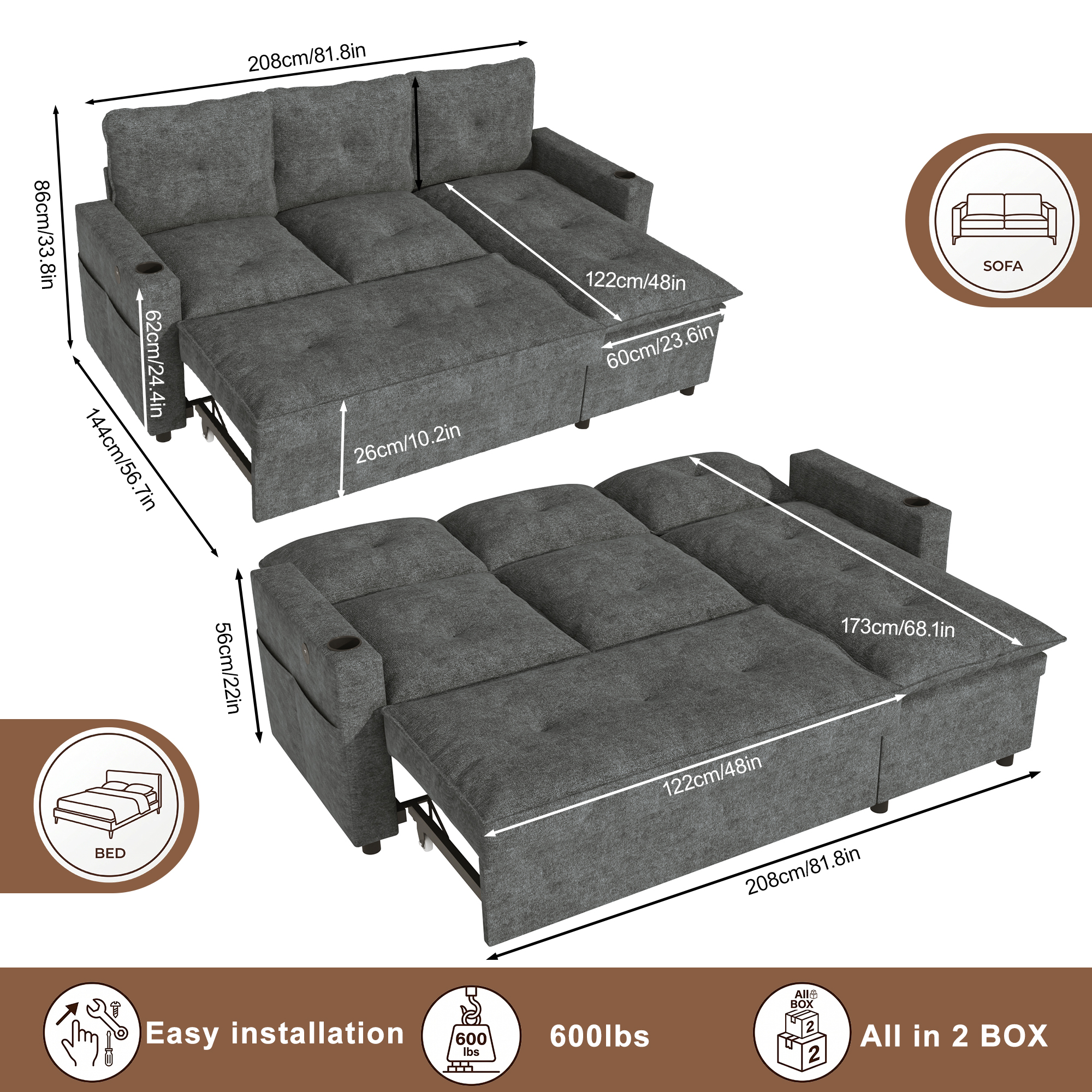ANPOO 81" Convertible Sectional Pull Out Sleeper Sofa Bed with Storage Chaise & USB Charging, 5-Level Adjustable Backrest, Cloud-Soft Chenille Couch for Small Space Living Room