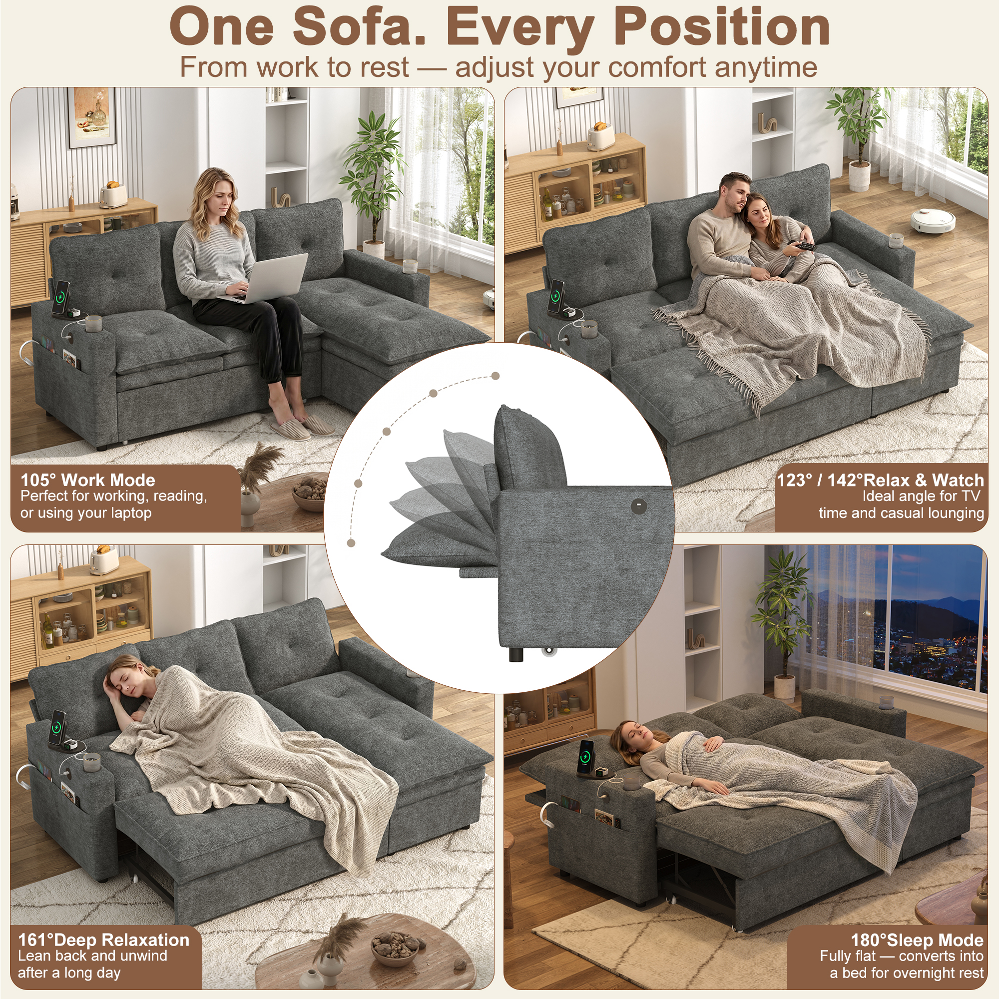 ANPOO 81" Convertible Sectional Pull Out Sleeper Sofa Bed with Storage Chaise & USB Charging, 5-Level Adjustable Backrest, Cloud-Soft Chenille Couch for Small Space Living Room