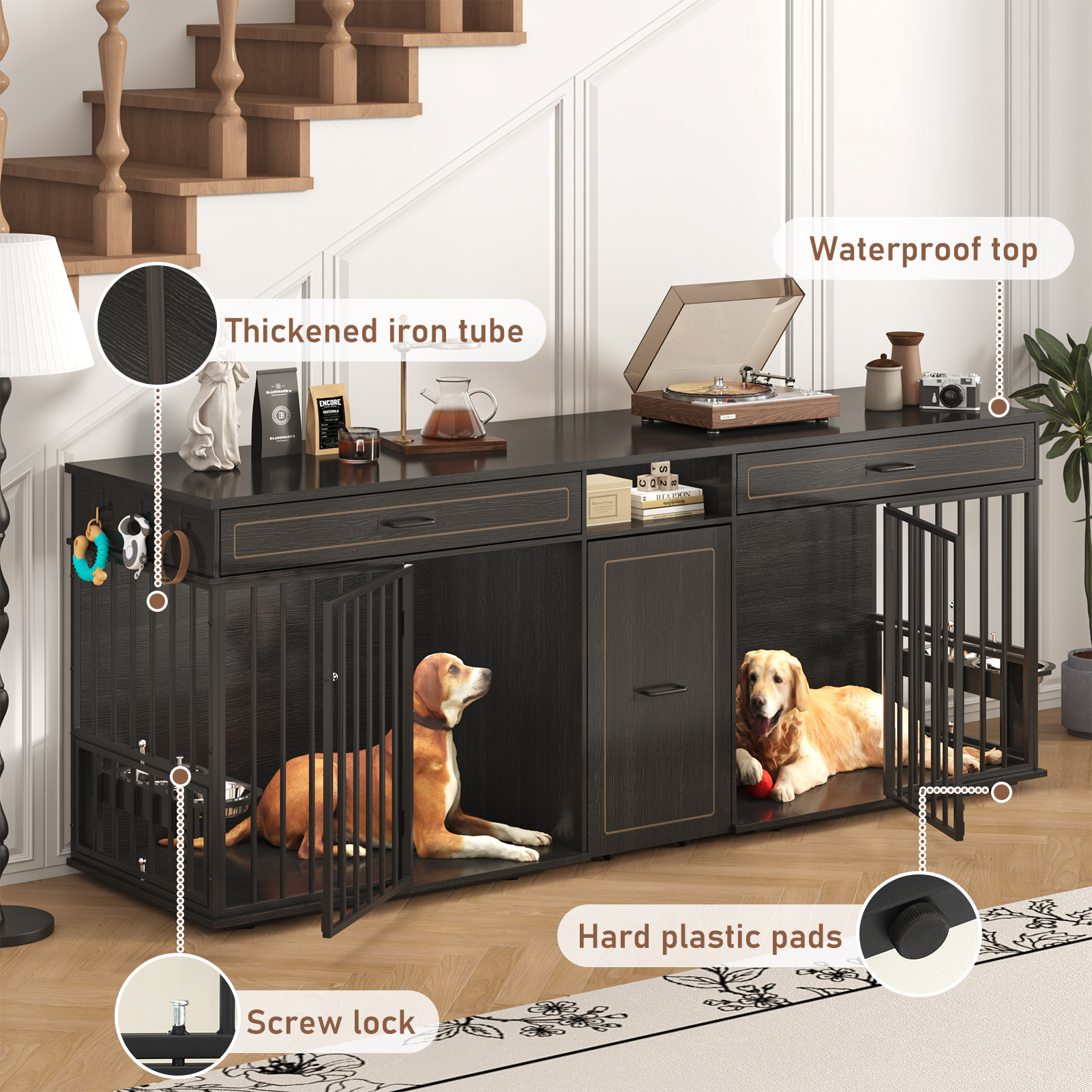 86.6" Dog Crate Furniture TV Stand for Large Breed Dogs, Wooden Kennel with Dual rooms, Dog Bowl, 2 Drawers &  Cabinet for Medium-Large Dogs