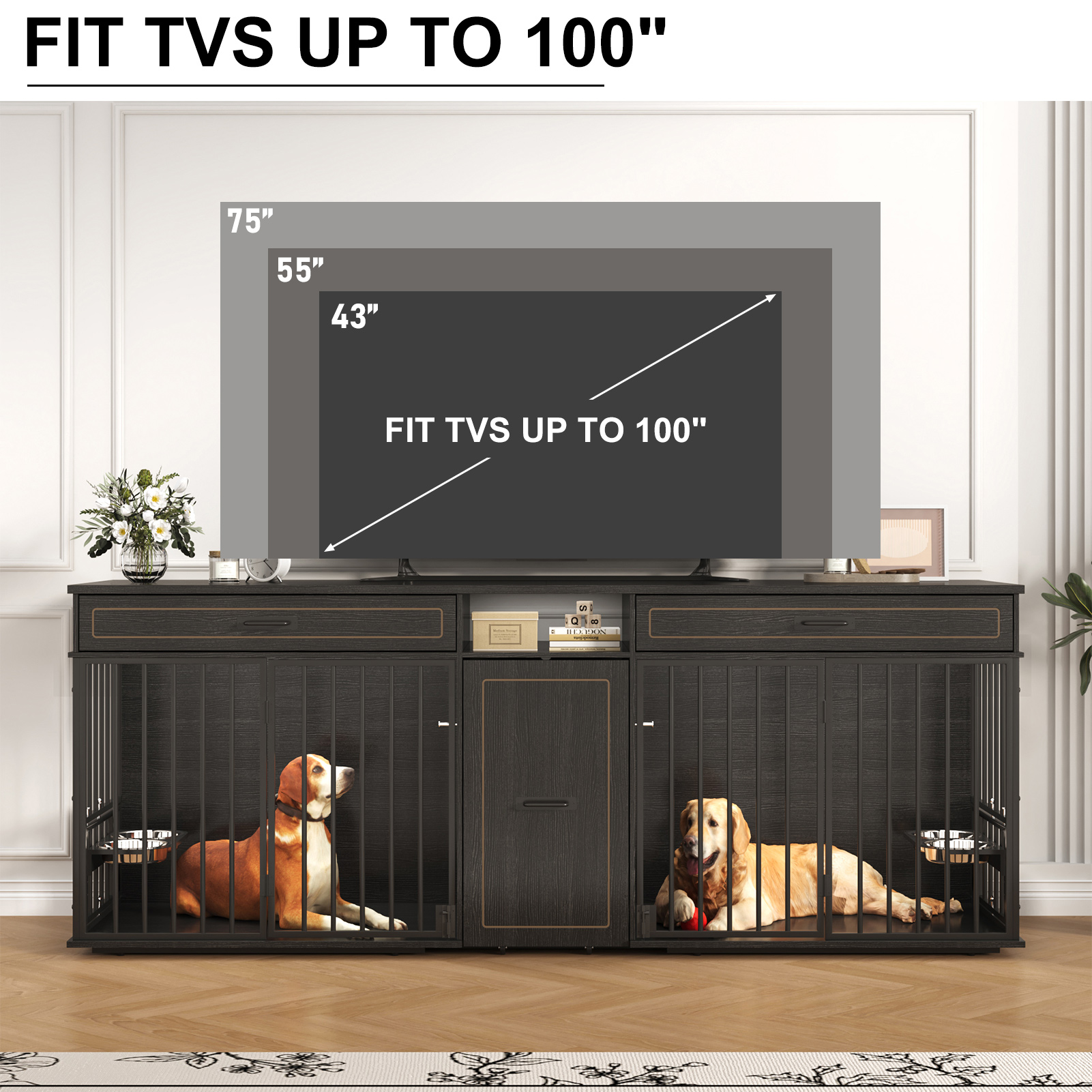 86.6" Dog Crate Furniture TV Stand for Large Breed Dogs, Wooden Kennel with Dual rooms, Dog Bowl, 2 Drawers &  Cabinet for Medium-Large Dogs