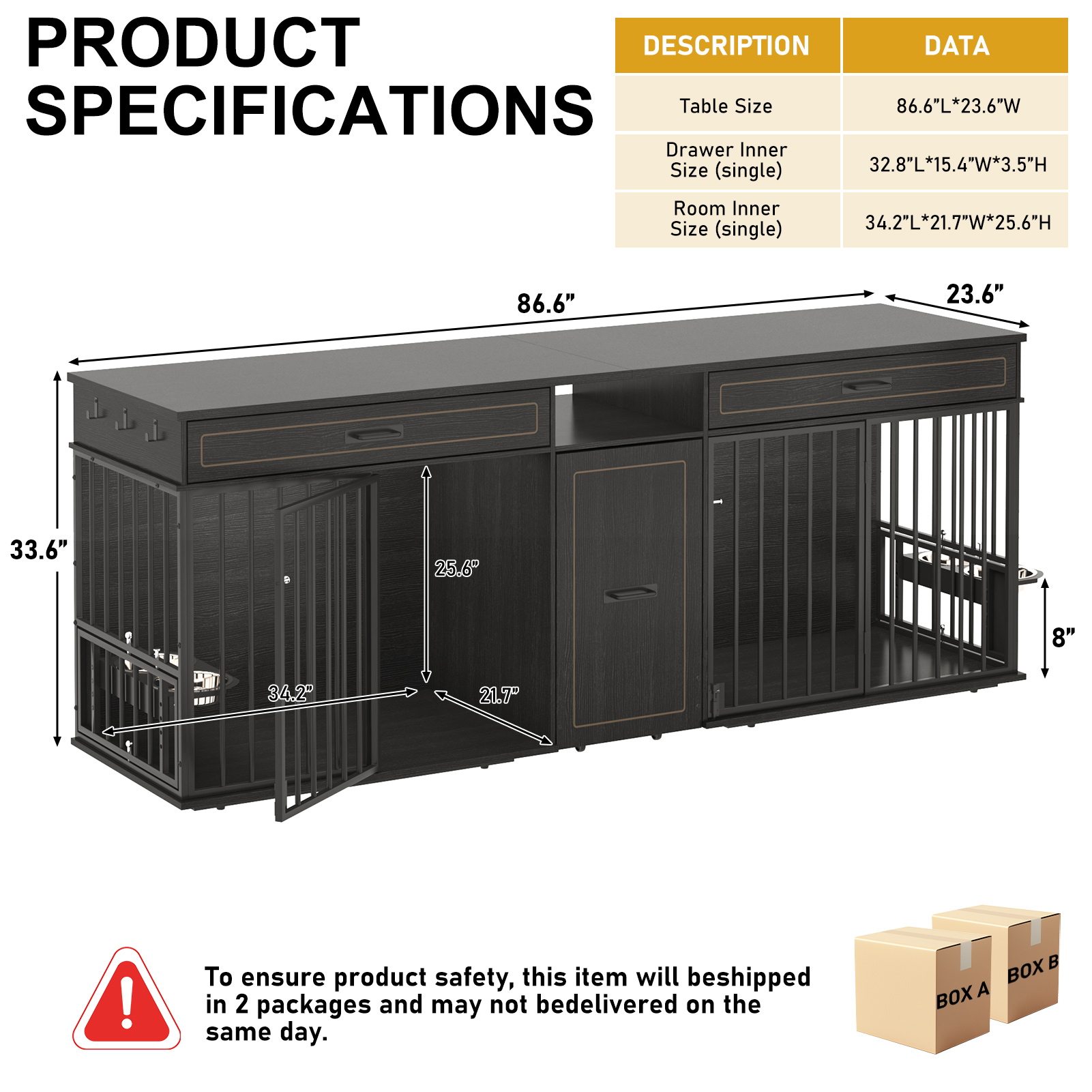 86.6" Dog Crate Furniture TV Stand for Large Breed Dogs, Wooden Kennel with Dual rooms, Dog Bowl, 2 Drawers &  Cabinet for Medium-Large Dogs